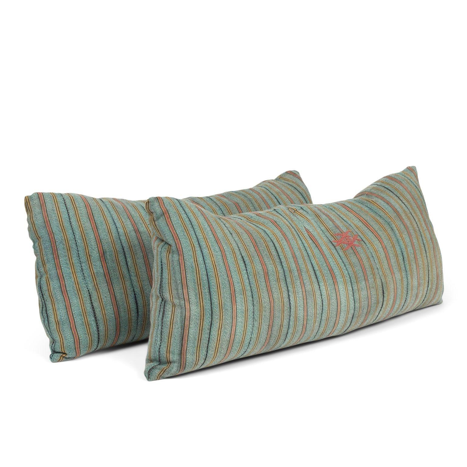 Hand-Woven Large Teal, Gold, Navy and Coral Striped Print Lumbar Cushion For Sale