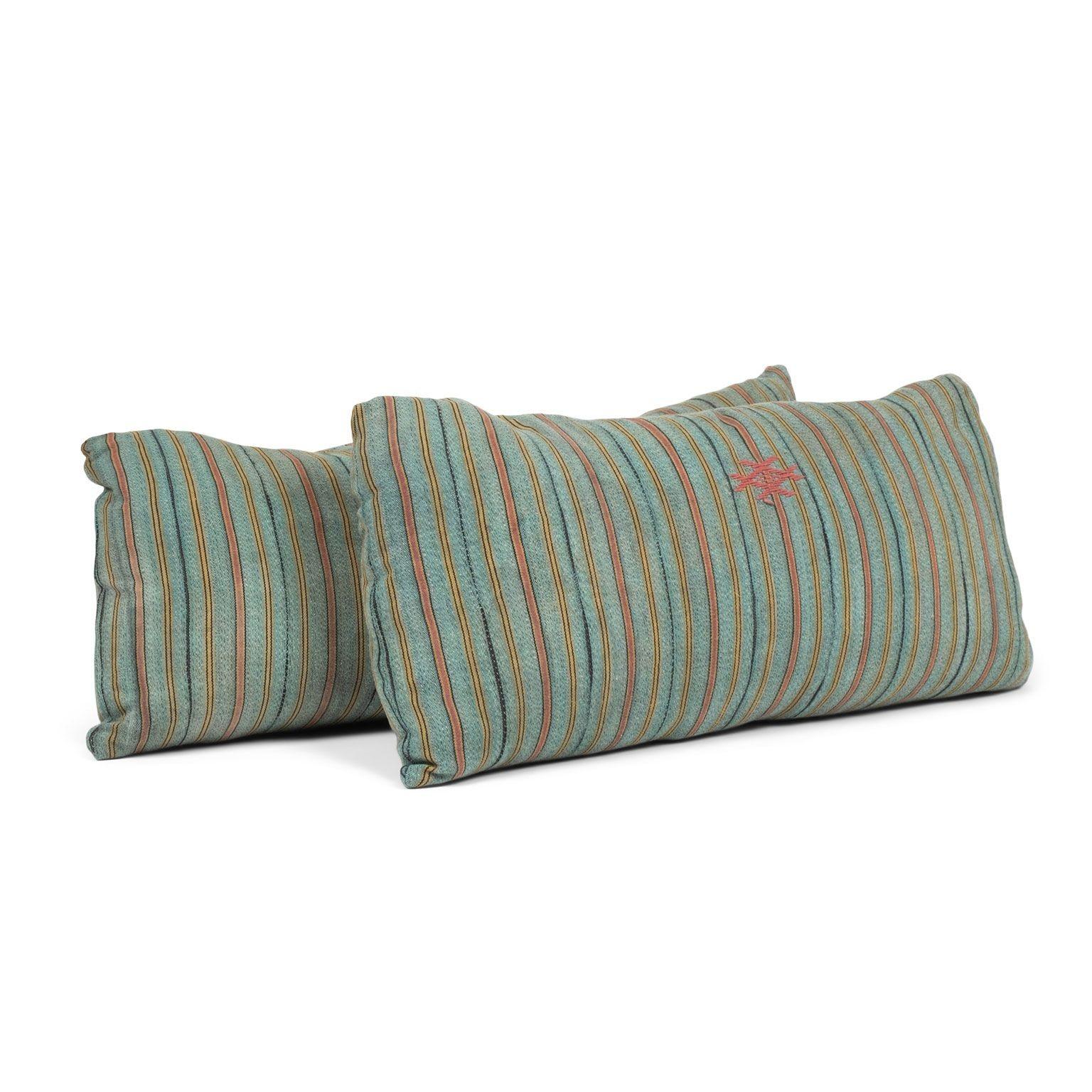 Cast Large Teal, Gold, Navy and Coral Striped Print Lumbar Cushion For Sale