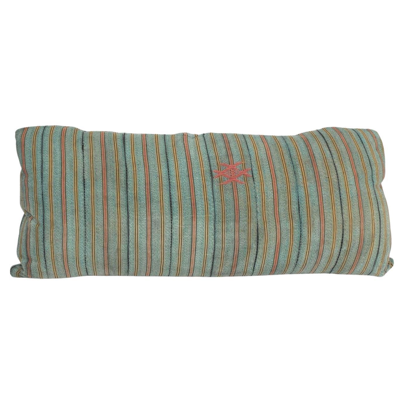 Large Teal, Gold, Navy and Coral Striped Print Lumbar Cushion For Sale