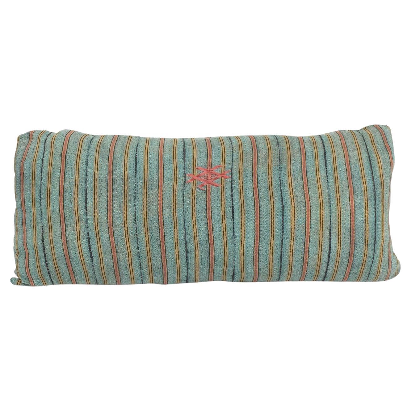 Large Teal, Gold, Navy and Coral Striped Print Lumbar Cushion For Sale