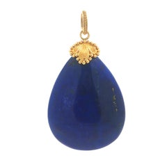 Large Teardrop Lapis Pendant w/ 18k Yellow Gold Ornate Bail & Cap