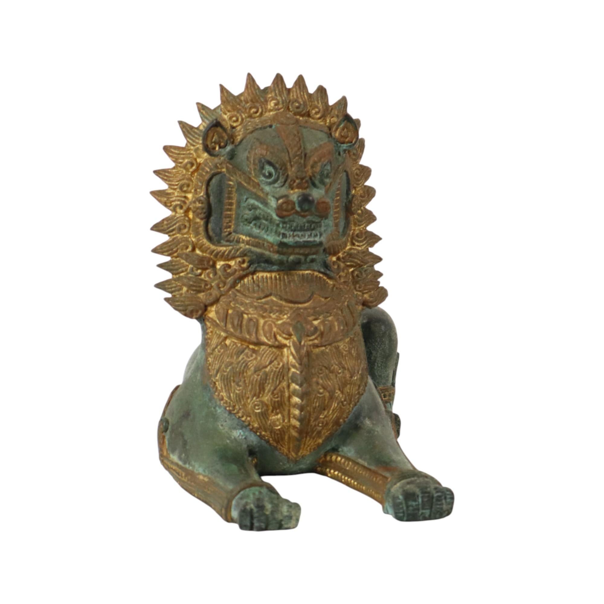 Gilt Large Temple Lion Gilded Bronze Statue Thailand Foo Dog 27cm For Sale