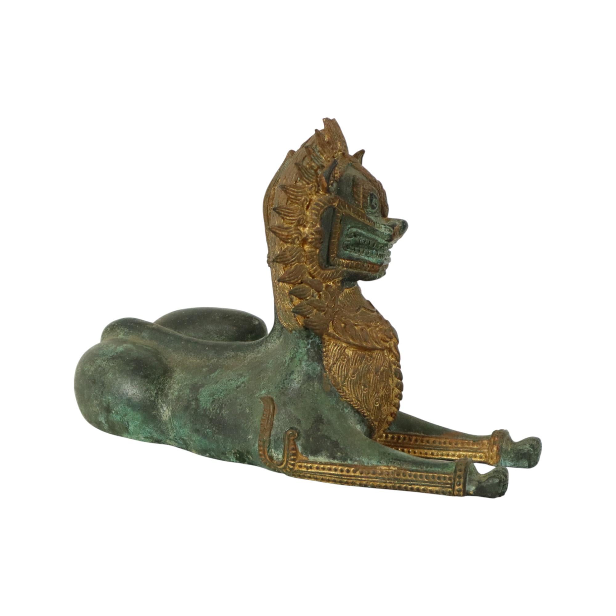 Large Temple Lion Gilded Bronze Statue Thailand Foo Dog 27cm In Good Condition For Sale In Poperinge, BE