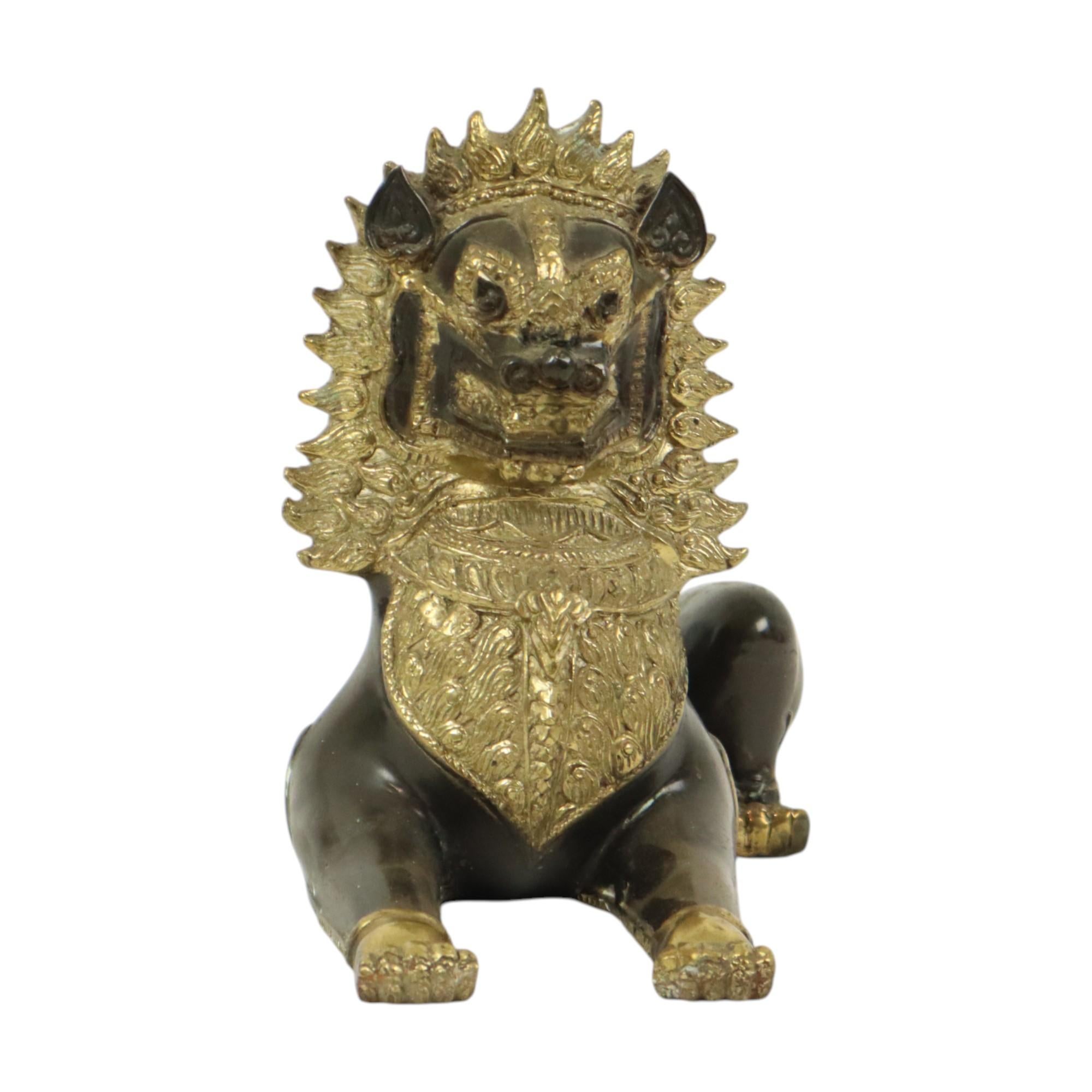 Gran León del Templo Estatua de Bronce Dorado Tailandia Singha Foo Dog 27cm Tailandés en venta