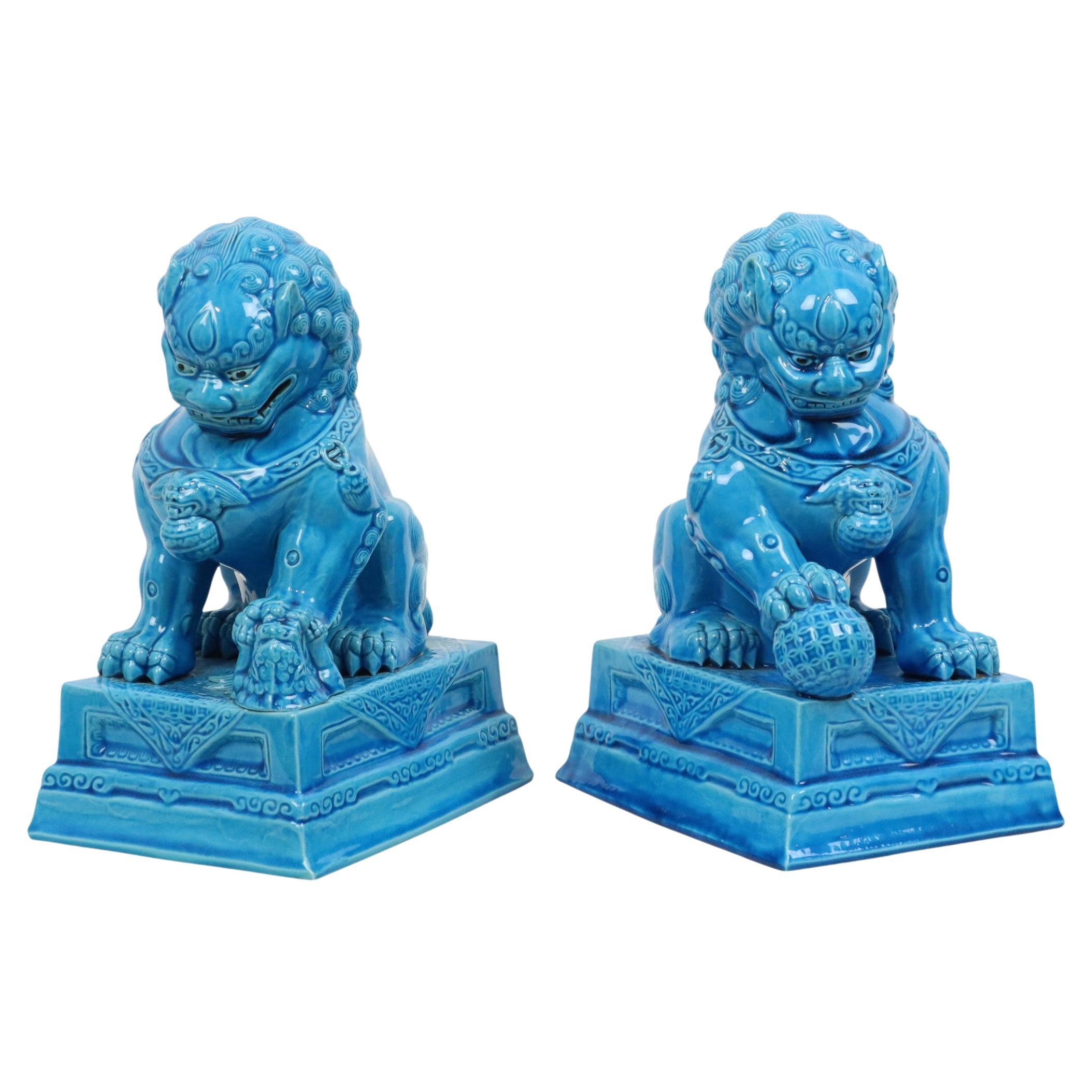 Large Temple Lion Statues Foo Dogs Blue Porcelain 25cm For Sale