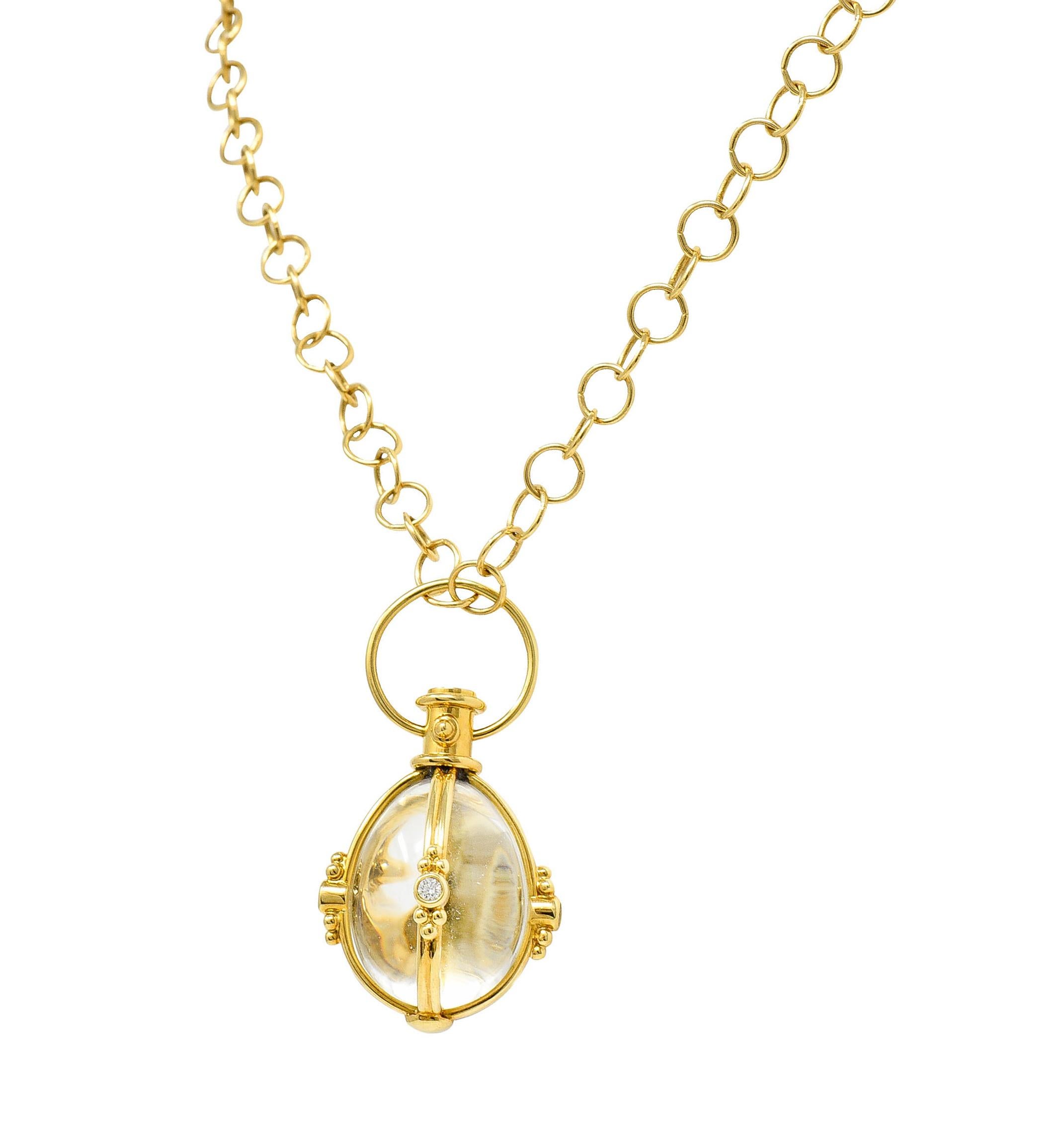 Round Cut Large Temple St. Clair Rock Crystal Diamond 18 Karat Gold Amulet Drop Necklace