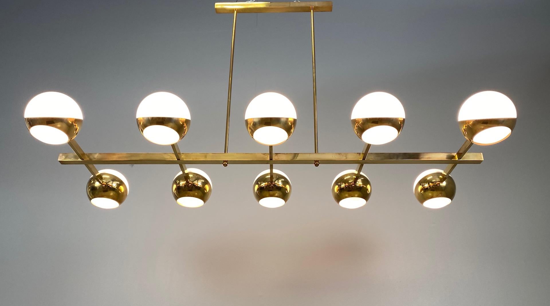 Large Ten Arms Brass Chandelier Whit Opaline Glass in the Manner of Stilnovo In Good Condition In Rovereta, SM