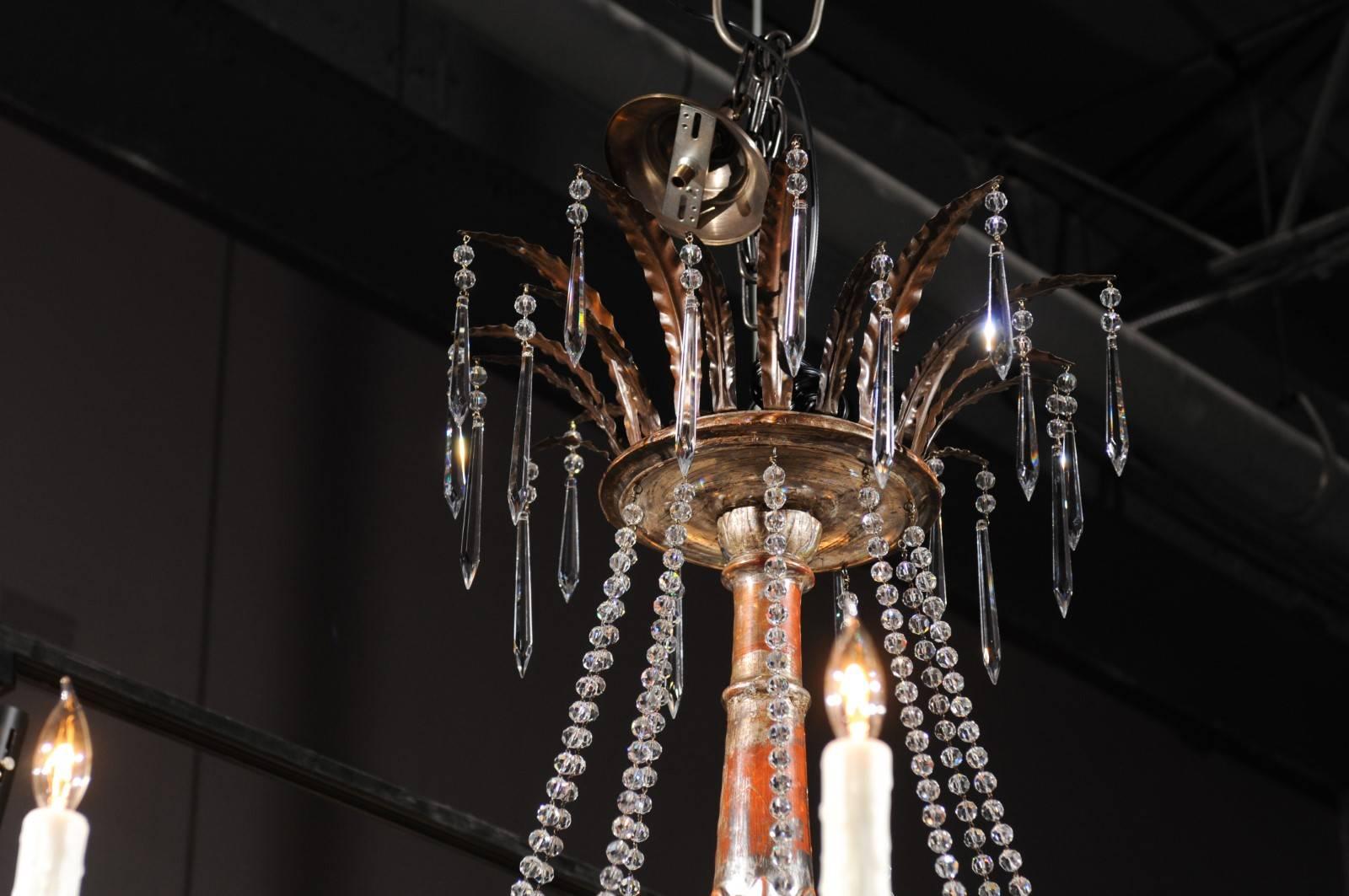 Hand-Carved Large Ten-Light Wood and Crystal Chandelier Made of 19th Century Italian Pricket