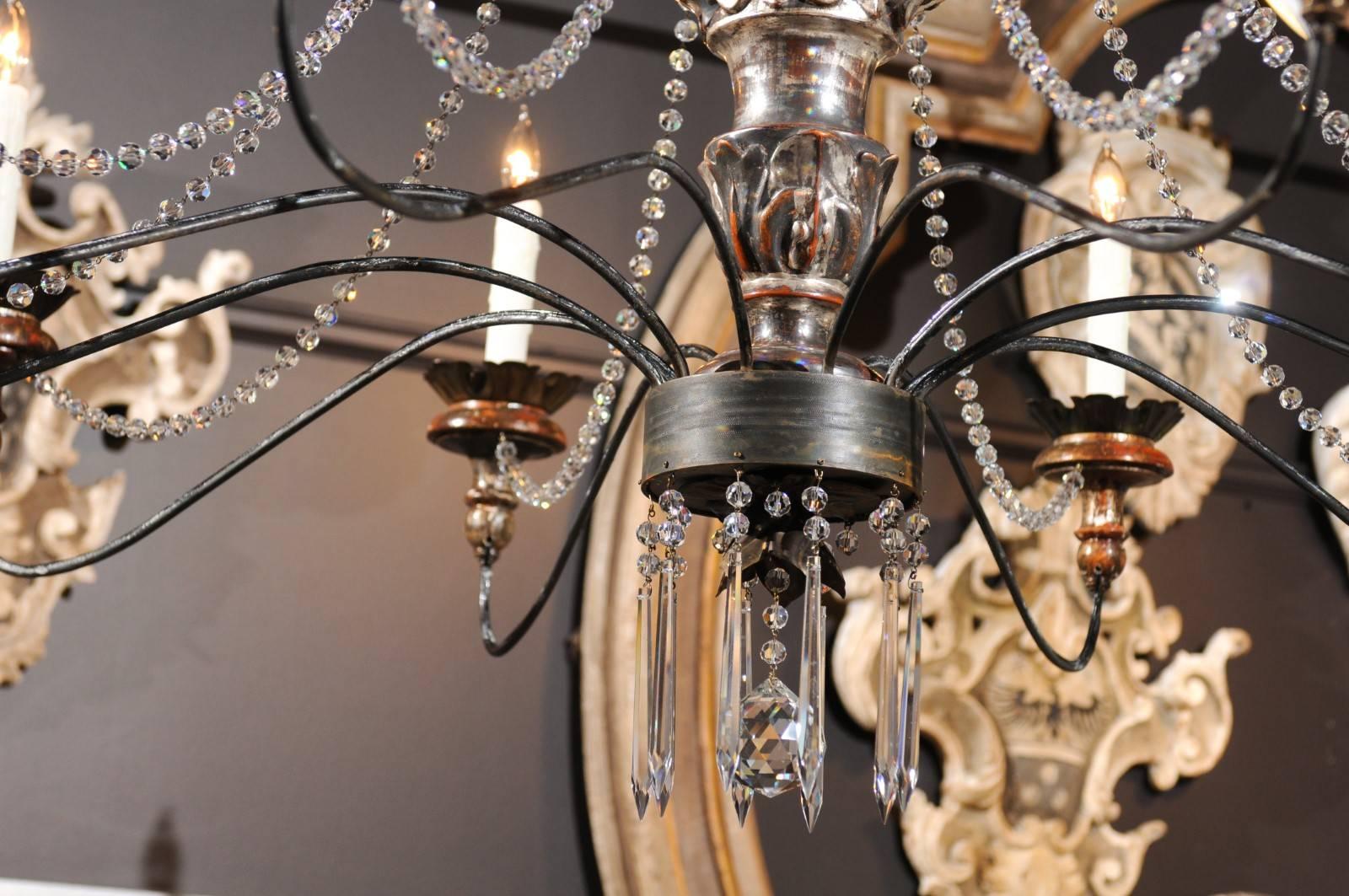 Large Ten-Light Wood and Crystal Chandelier Made of 19th Century Italian Pricket In Good Condition In Atlanta, GA