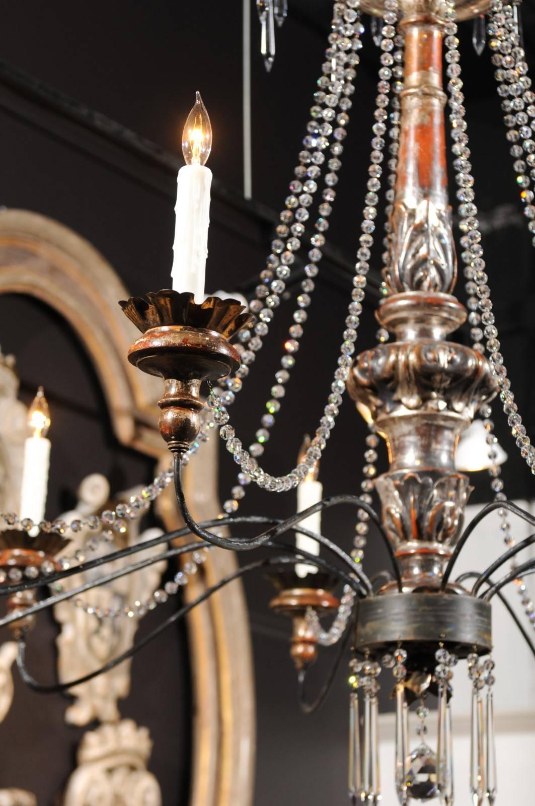 Contemporary Large Ten-Light Wood and Crystal Chandelier Made of 19th Century Italian Pricket
