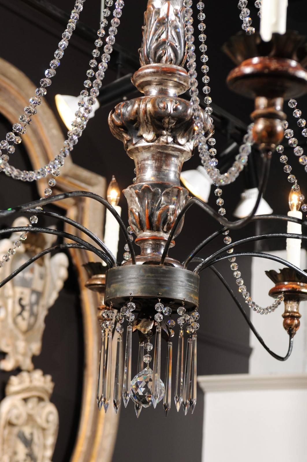 Large Ten-Light Wood and Crystal Chandelier Made of 19th Century Italian Pricket 1