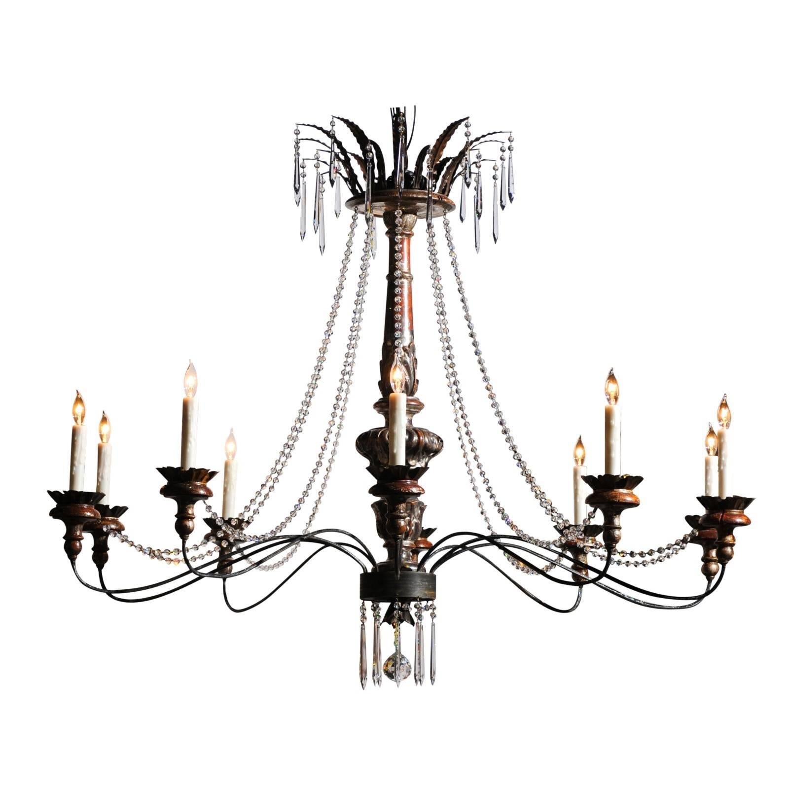 Large Ten-Light Wood and Crystal Chandelier Made of 19th Century Italian Pricket