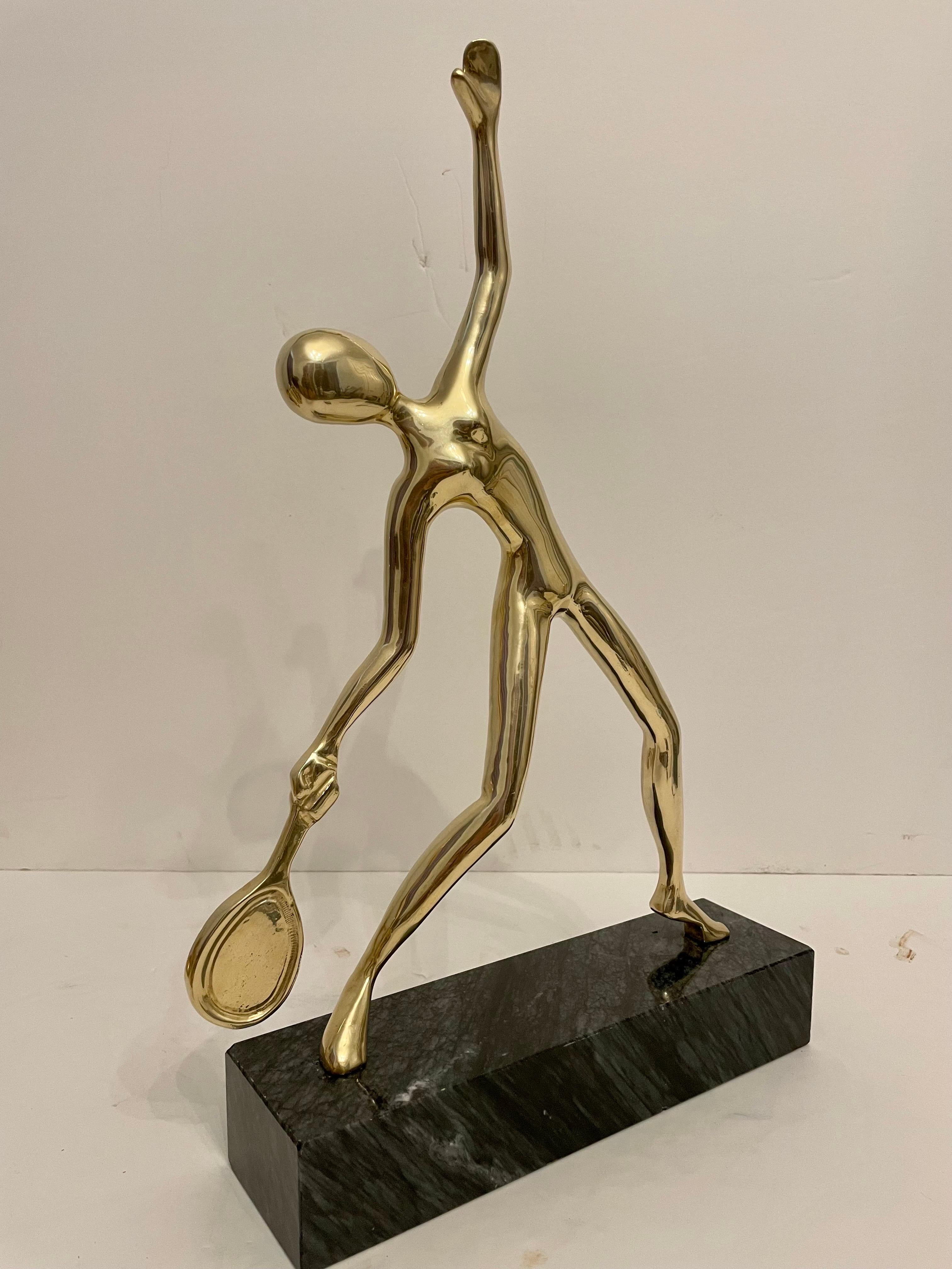 Mid-Century Modern Large Tennis Player Sculpture in Solid Brass on Marble Base For Sale