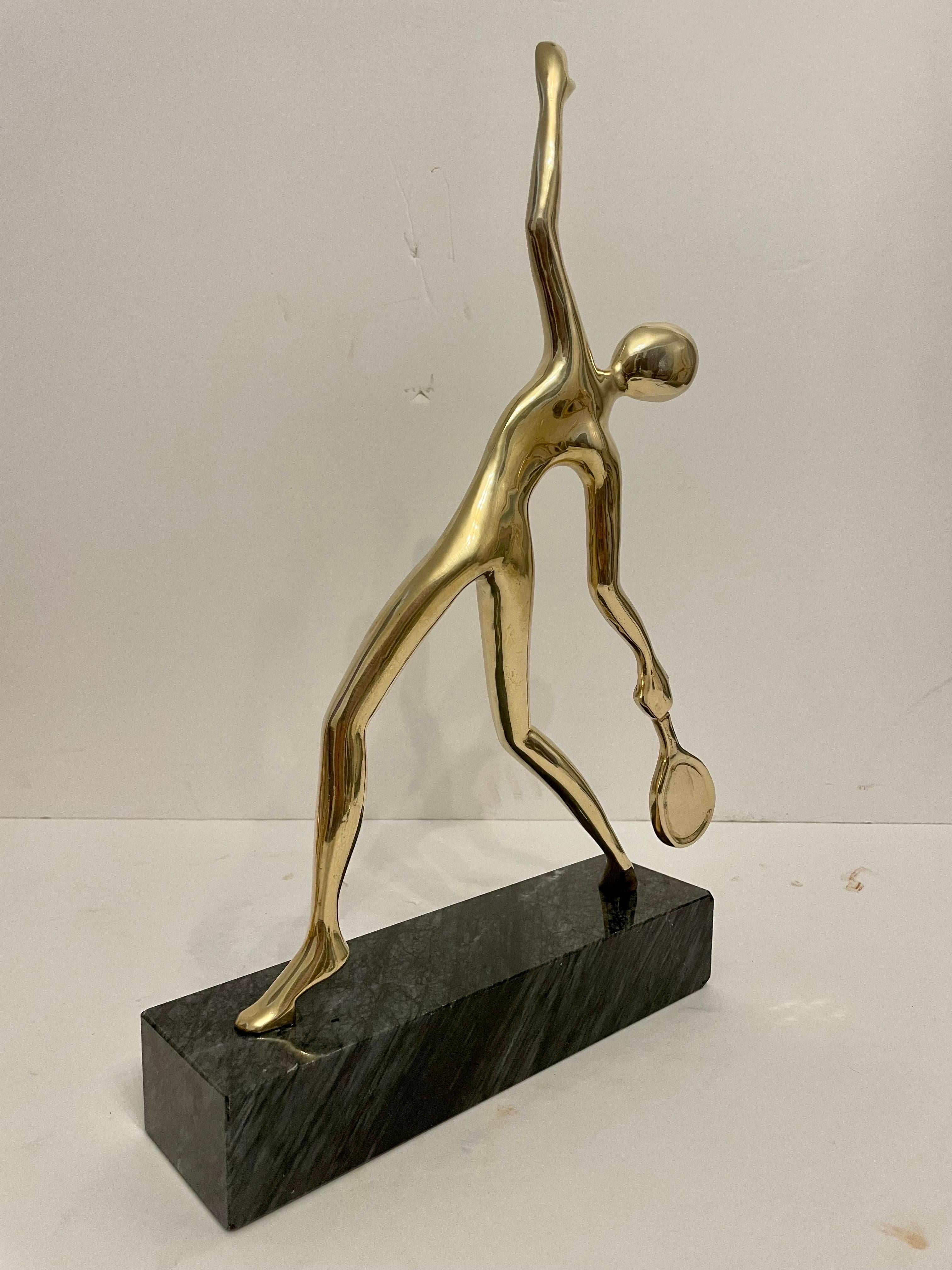 Large Tennis Player Sculpture in Solid Brass on Marble Base In Good Condition For Sale In New York, NY