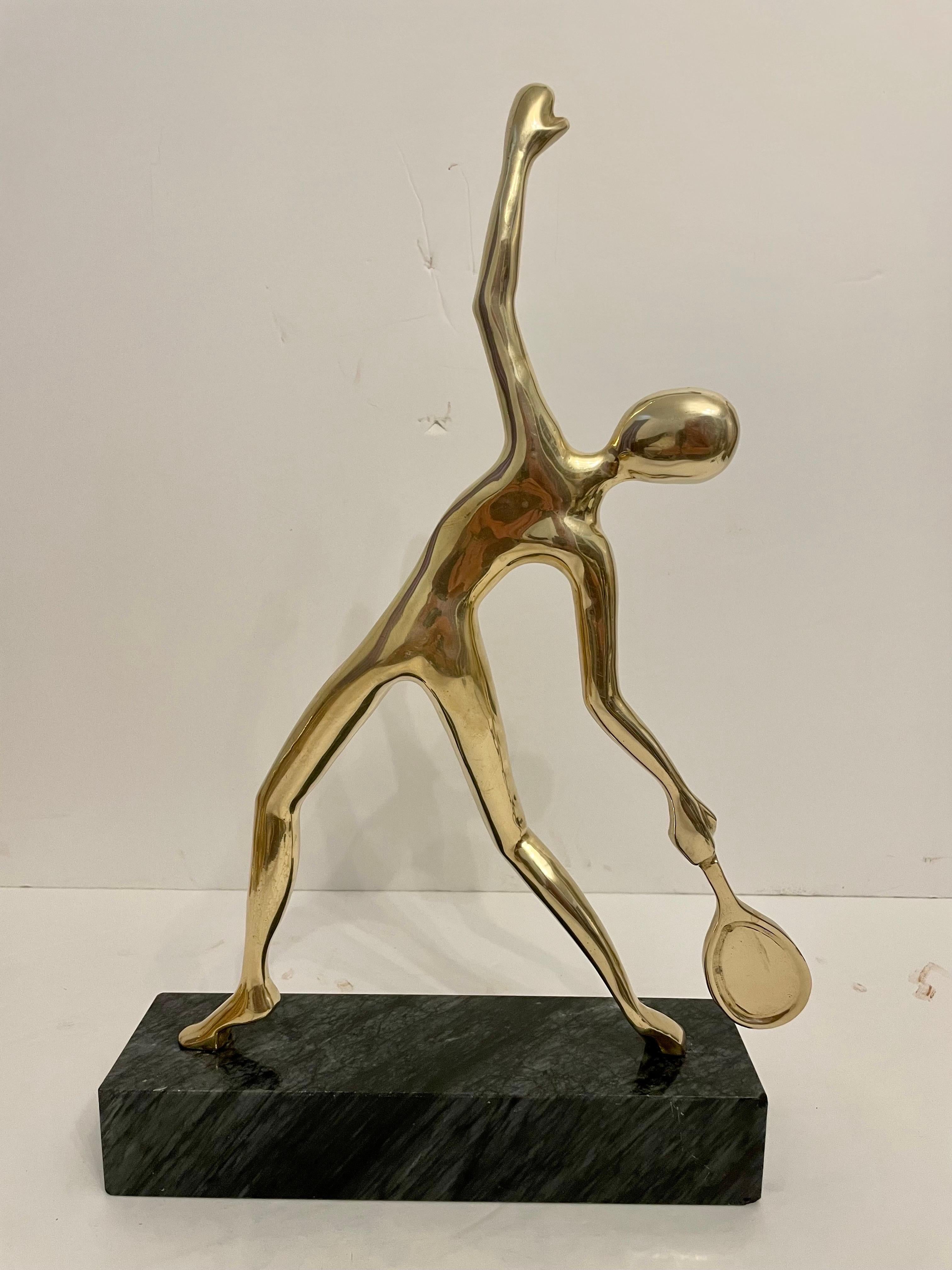 20th Century Large Tennis Player Sculpture in Solid Brass on Marble Base For Sale