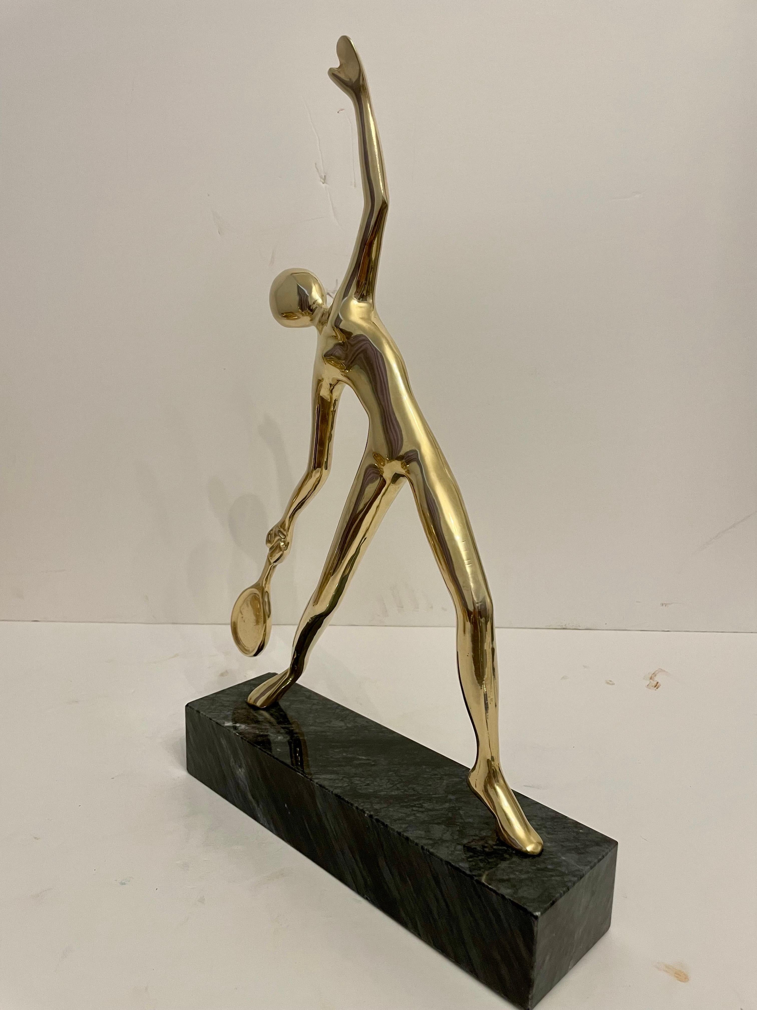 Large Tennis Player Sculpture in Solid Brass on Marble Base For Sale 2