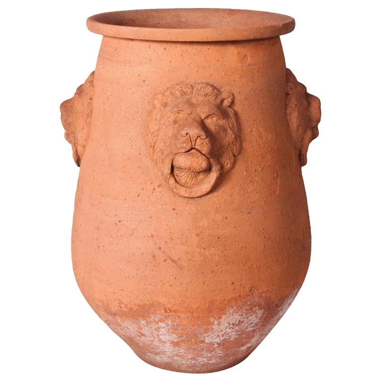 Large Terracotta Garden Pot with Lion Engraving from Early 20th Century, England For Sale