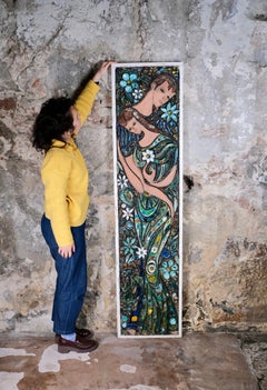 Large terracotta and enameled ceramic wall decoration, H188cm, France, 1970s