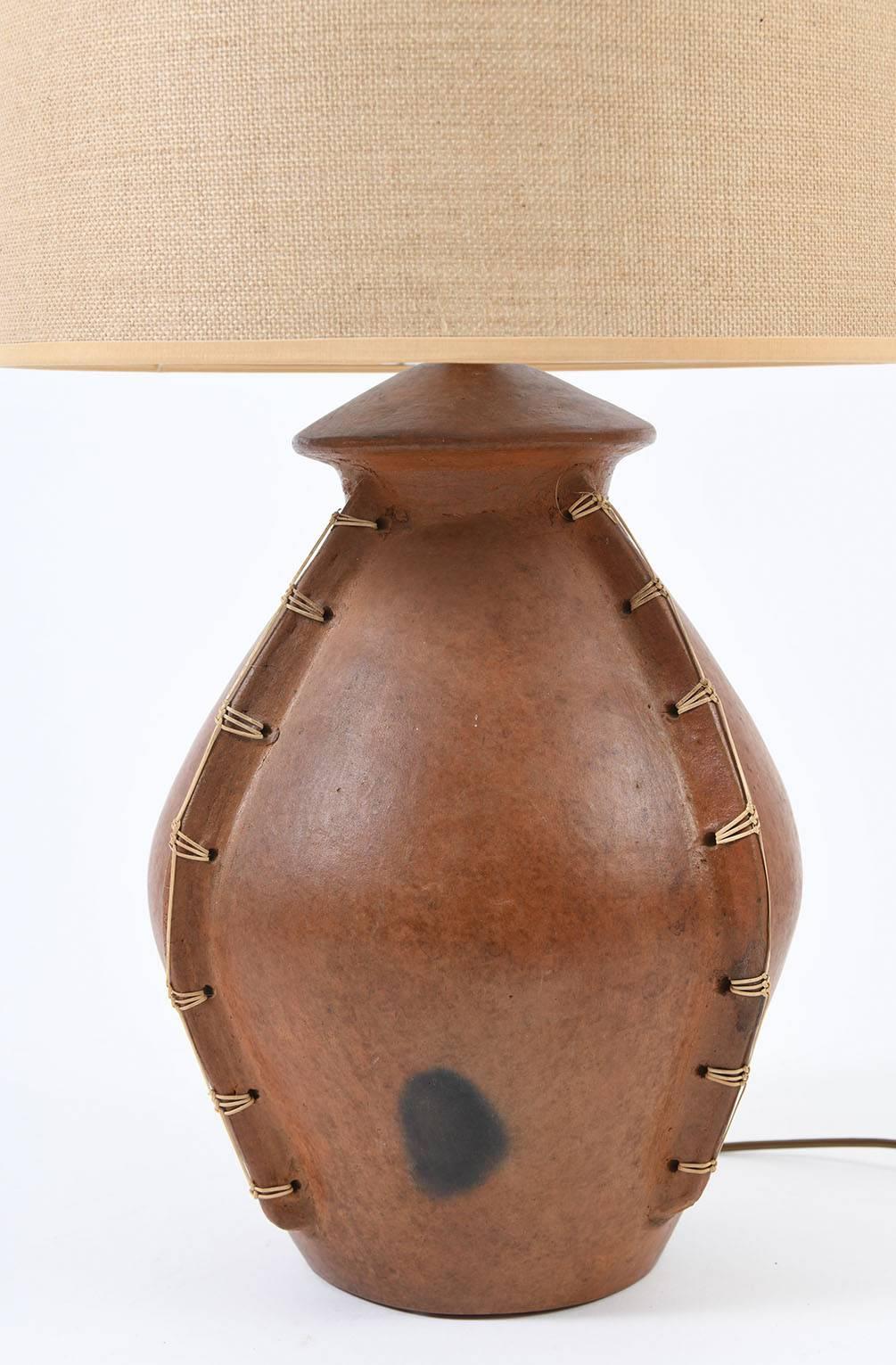Tribal Large Terracotta and Rattan African Lamp