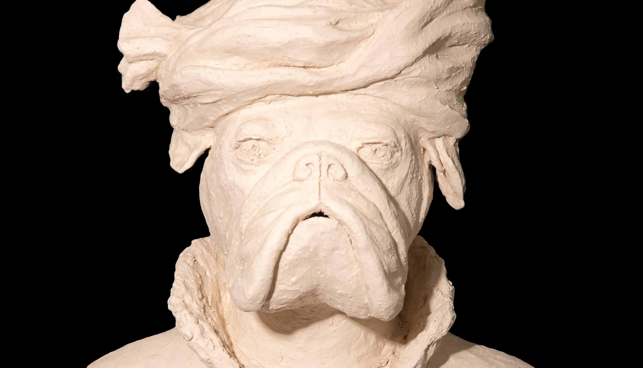 French Large Terracotta Anthropomorphic Figure of a Bulldog Wearing a Turban