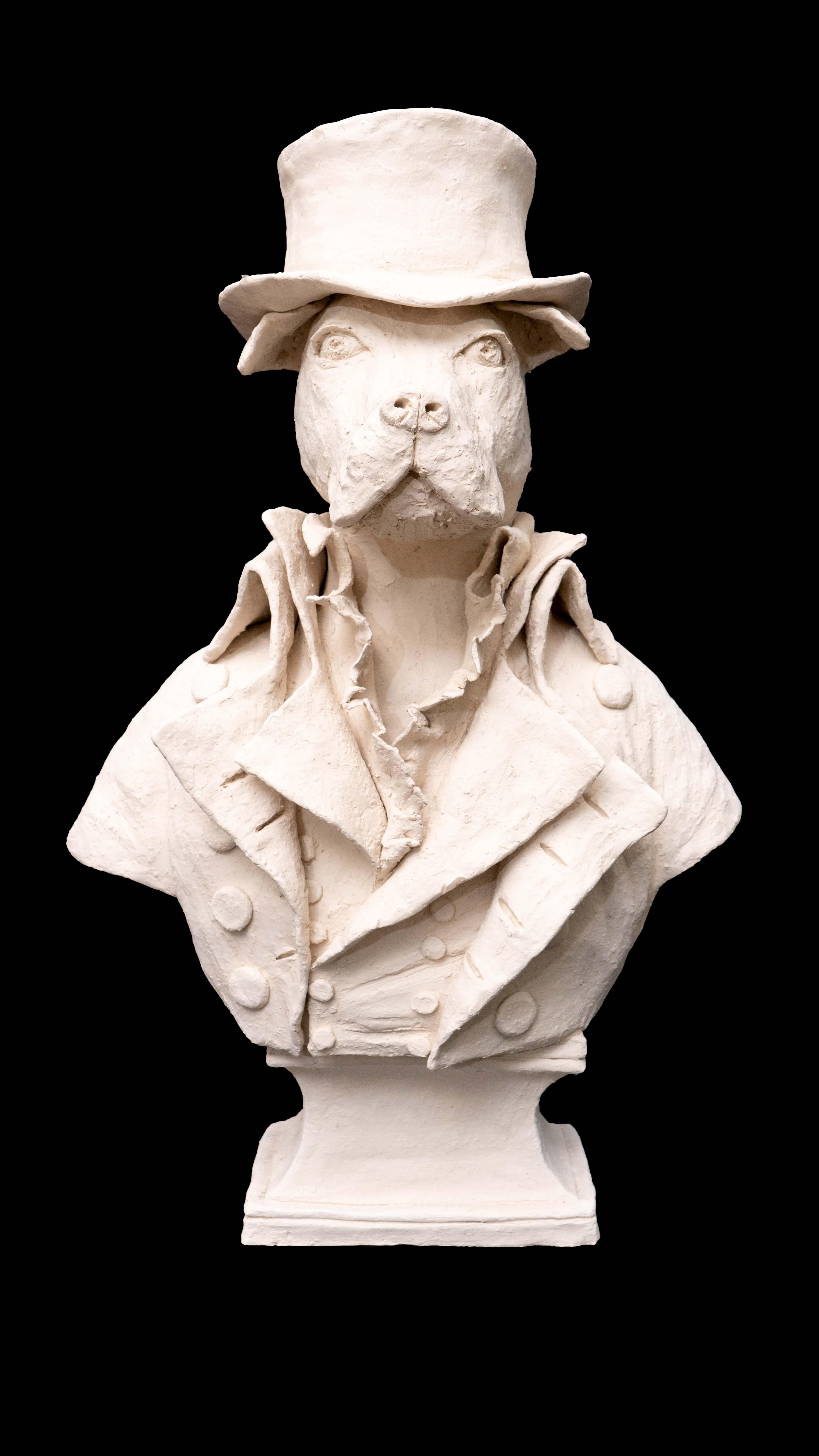 Terracotta anthropomorphic figure of a dog with top hat and 19th century costume by Laurence Lenglare

Measures 7