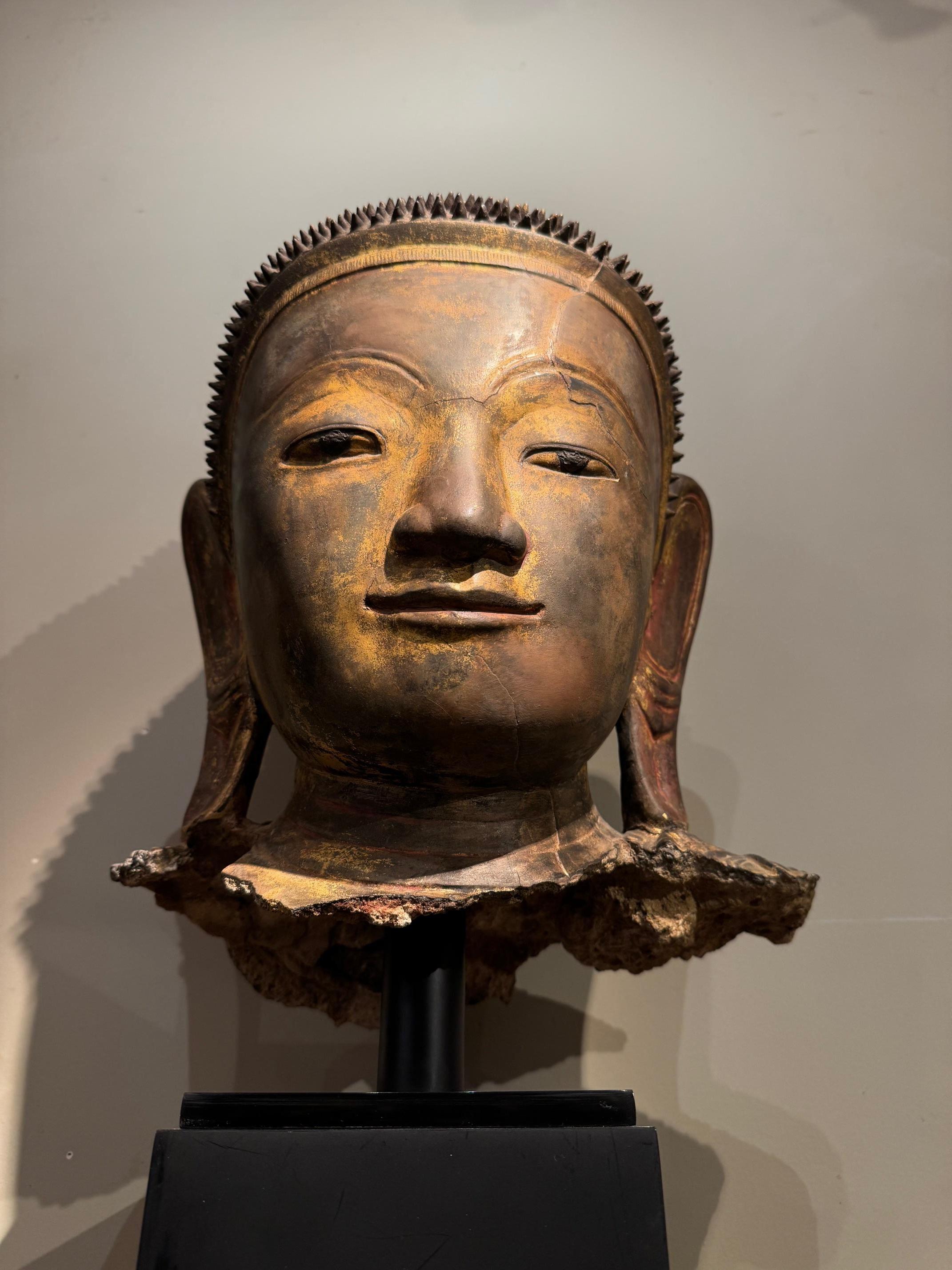 Lacquered Large terracotta Buddha head, Burma, Shan States, late 18th Century For Sale
