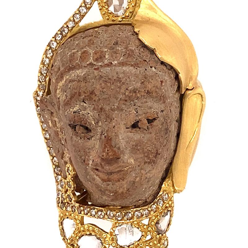 Contemporary Large Terracotta Buddha Head Pendant with 2.25 Carat Diamonds