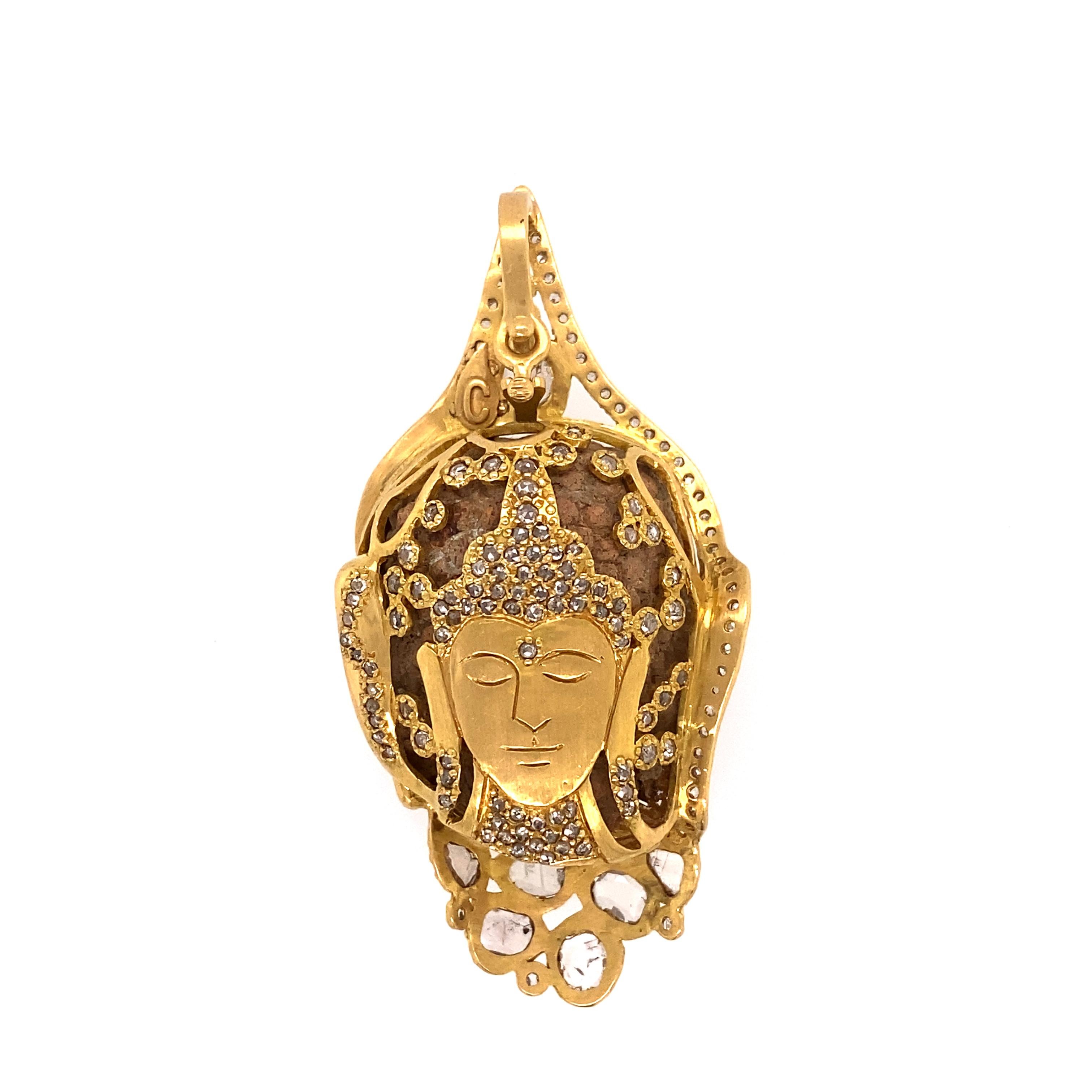 Rose Cut Large Terracotta Buddha Head Pendant with 2.25 Carat Diamonds