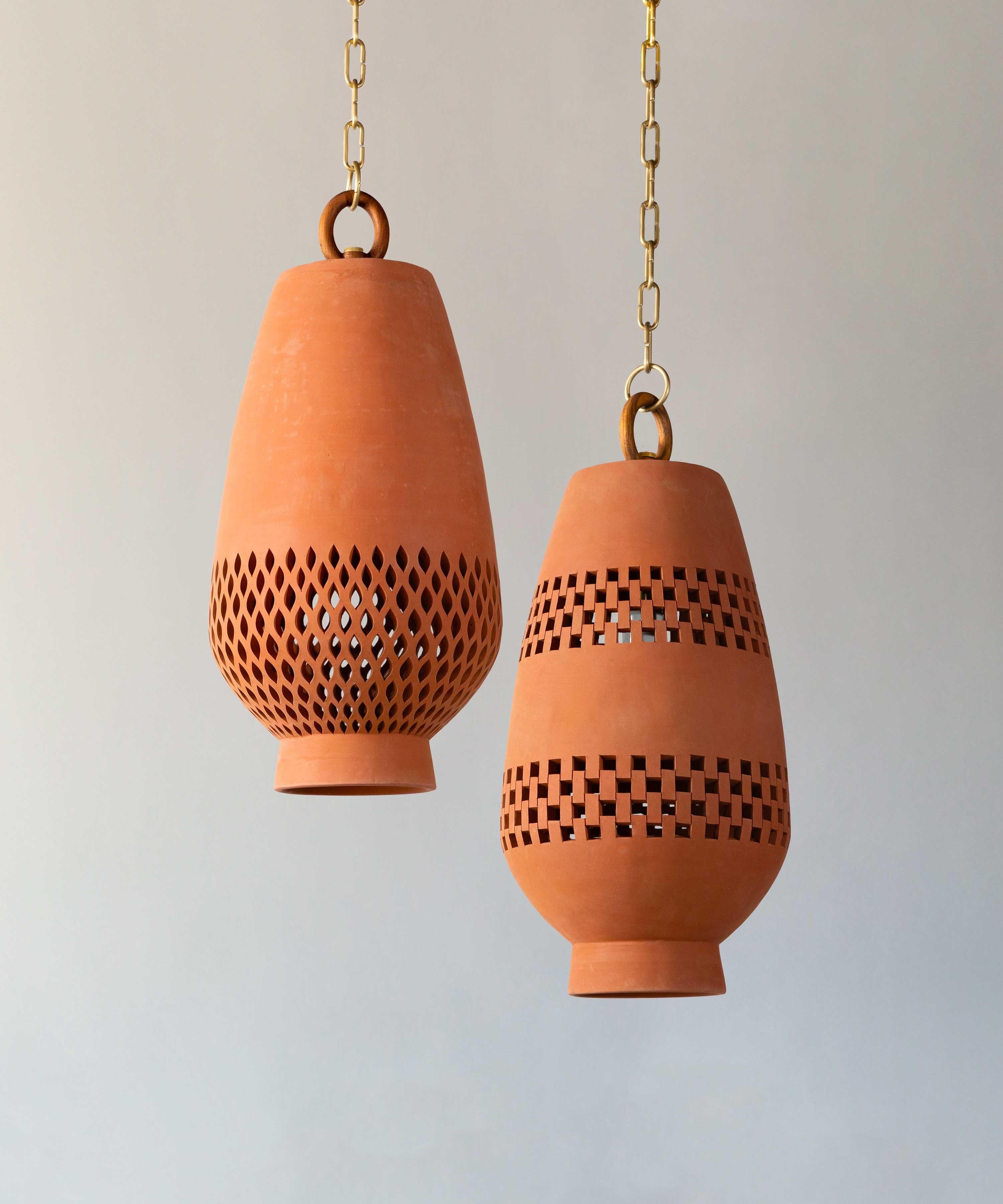 Mid-Century Modern Large Terracotta Ceramic Pendant Light, Aged Brass, Ajedrez Atzompa Collection For Sale