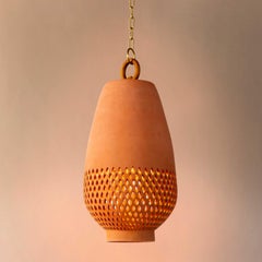 Lámpara Colgante Cerámica Terracota Grande, Latón Envejecido Diamantes Atzompa