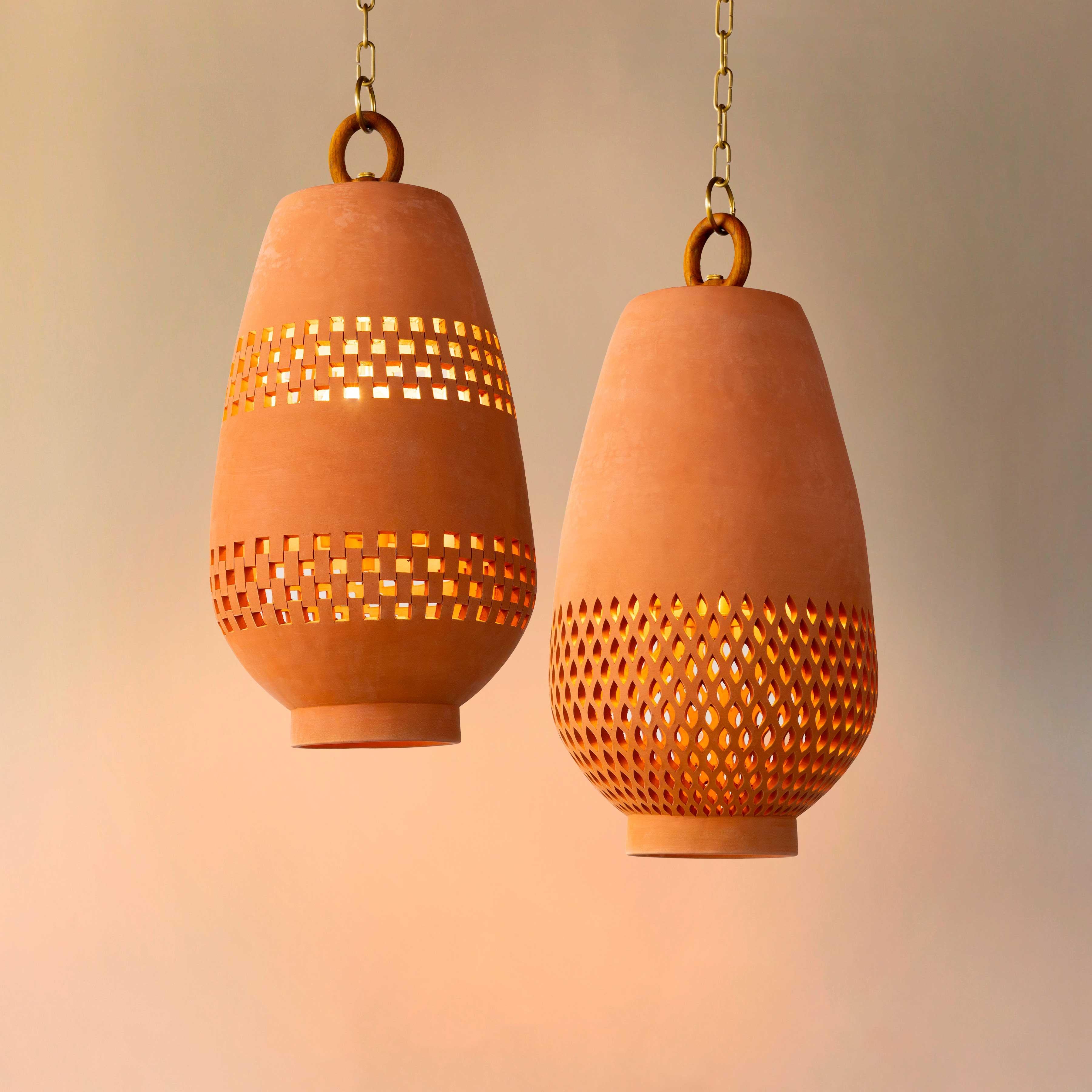 Mexican Large Terracotta Ceramic Pendant Light, Aged Brass Diamantes Atzompa For Sale