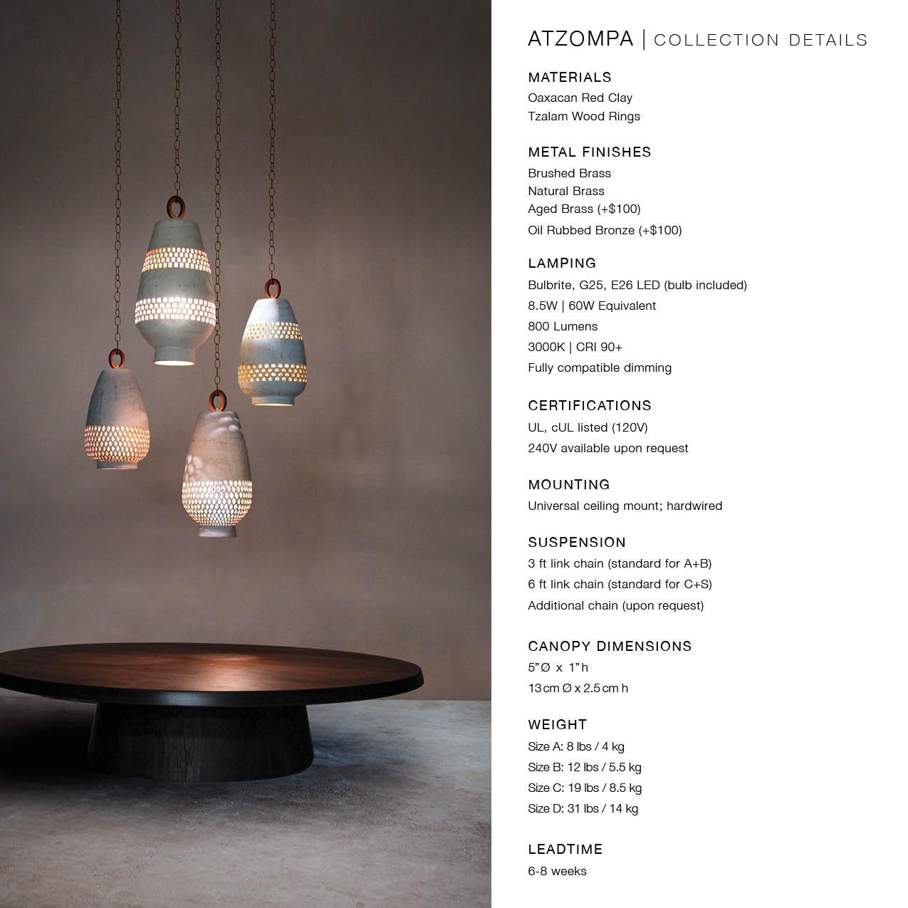 Large Terracotta Ceramic Pendant Light, Brushed Brass Ajedrez Atzompa Collection For Sale 2