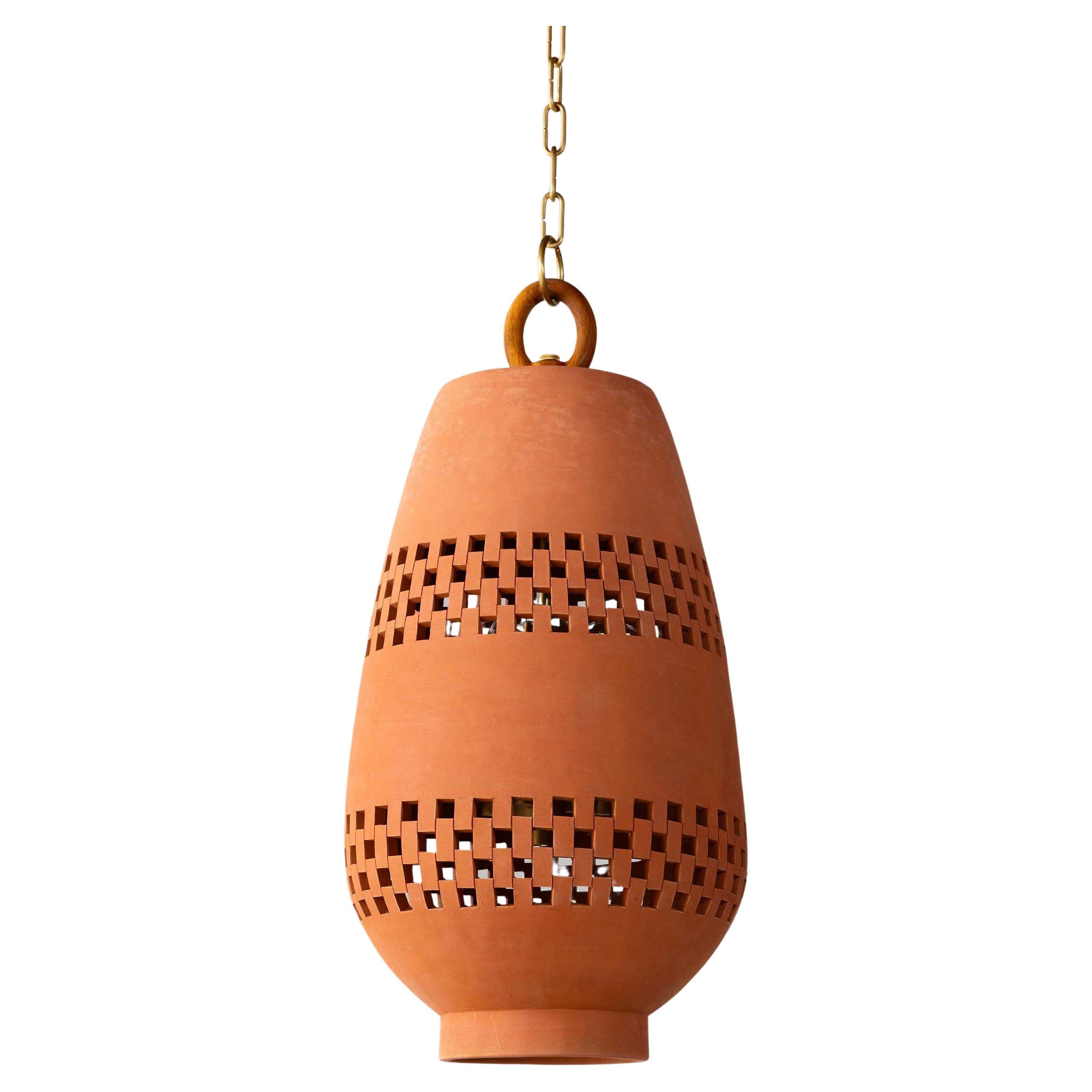 Large Terracotta Ceramic Pendant Light, Brushed Brass Ajedrez Atzompa Collection For Sale