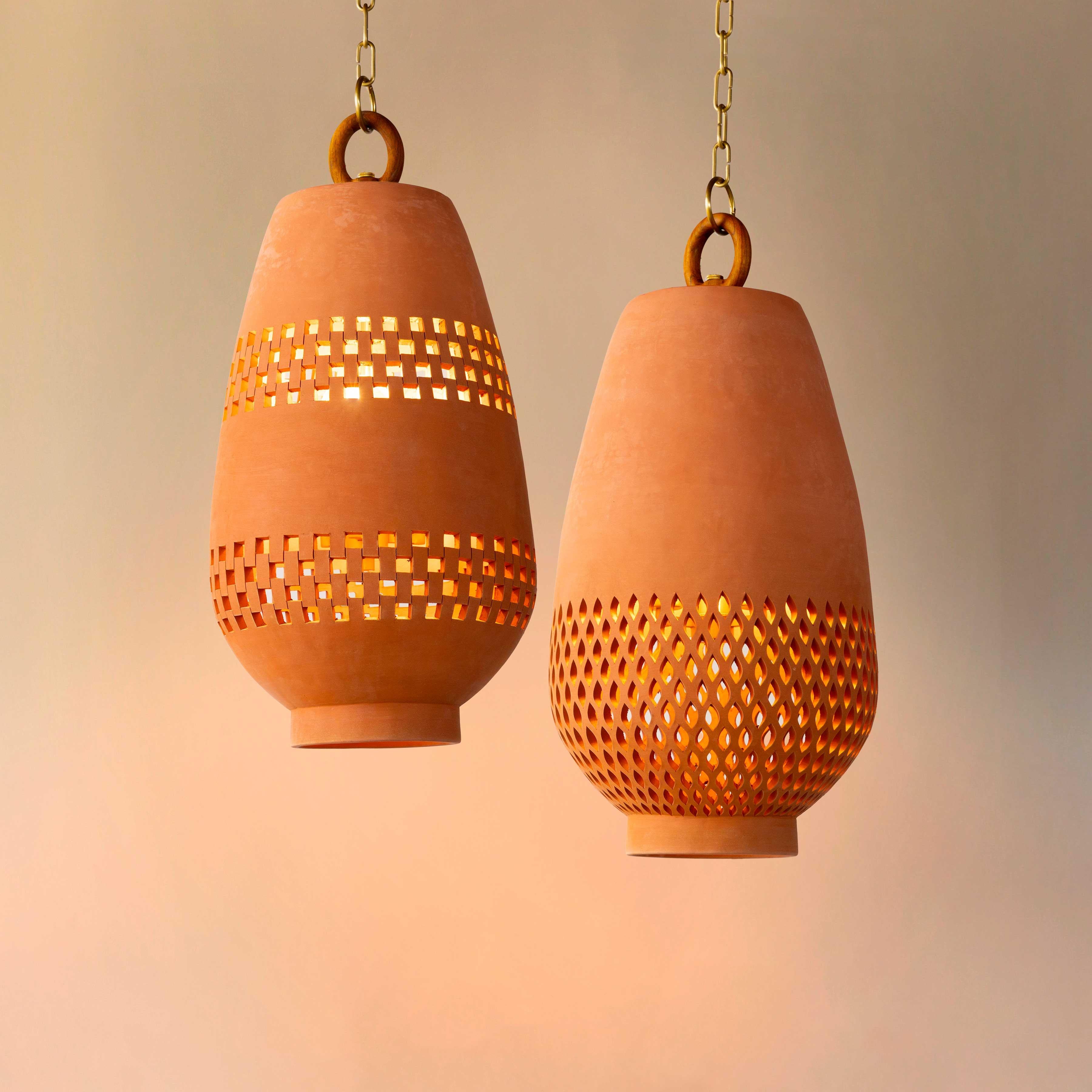 Mexican Large Terracotta Ceramic Pendant Light, Natura Brass, Ajedrez Atzompa Collection For Sale