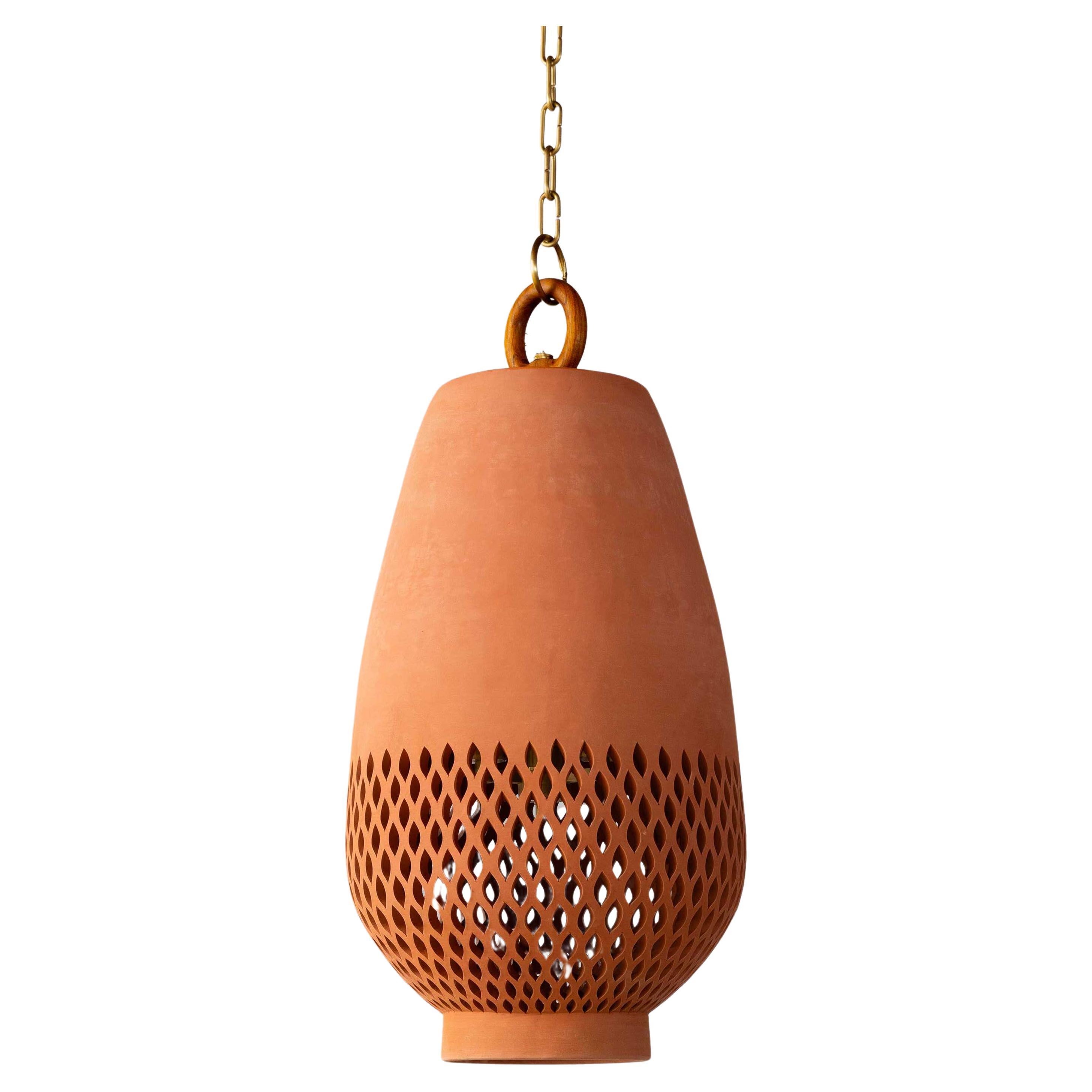 Large Terracotta Ceramic Pendant Light, Natural Brass Diamantes Atzompa