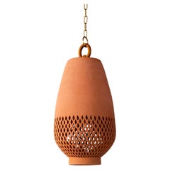 Large Terracotta Ceramic Pendant Light, Natural Brass Diamantes Atzompa