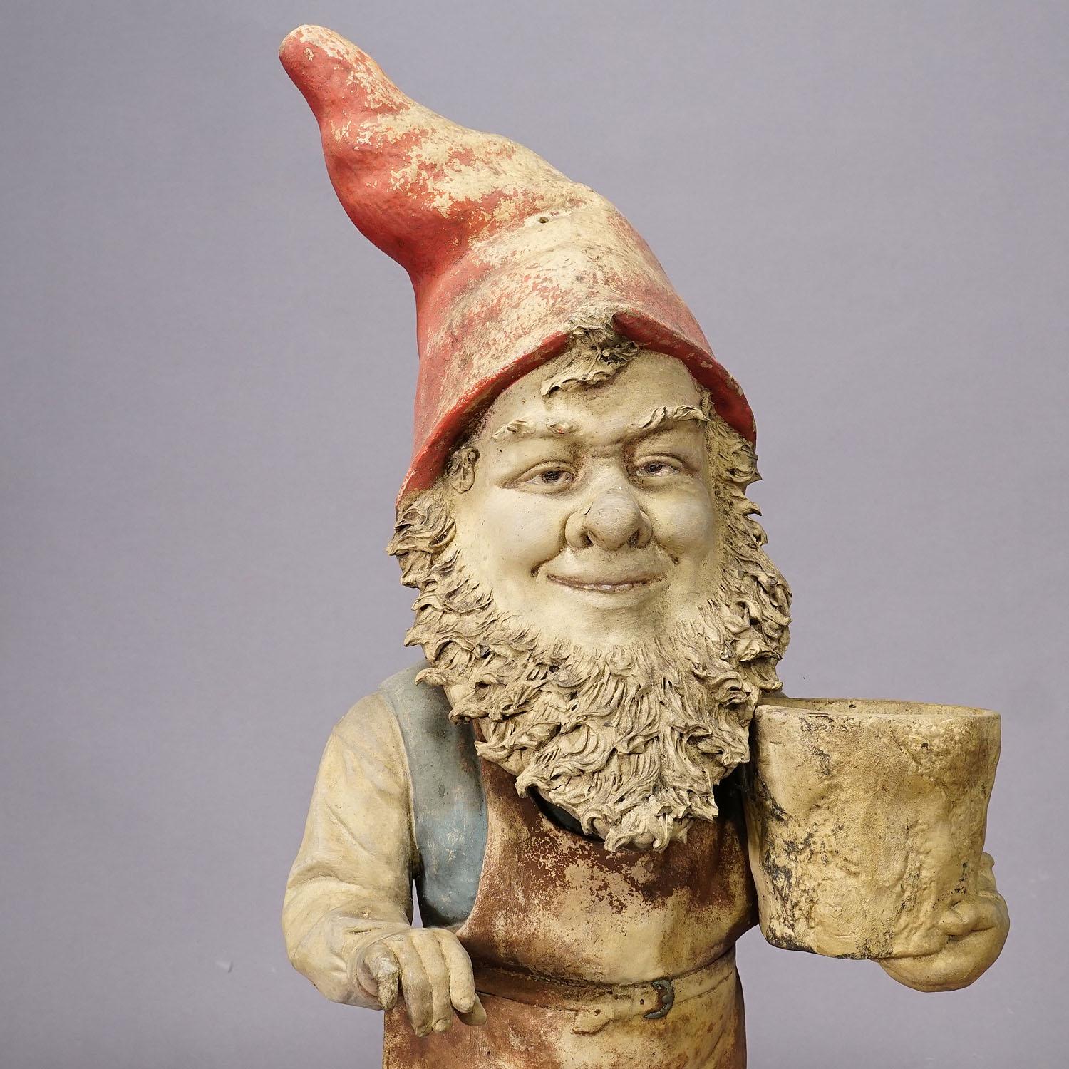 Victorian Large Terracotta Garden Gnome with Flower Pot, Germany ca. 1920s For Sale