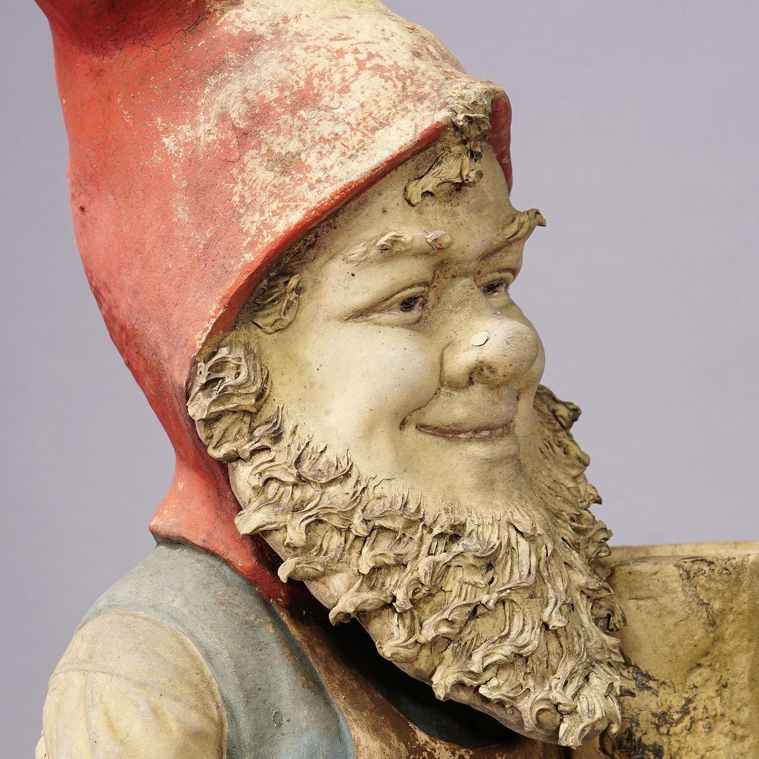Large Terracotta Garden Gnome with Flower Pot, Germany ca. 1920s In Good Condition For Sale In Berghuelen, DE
