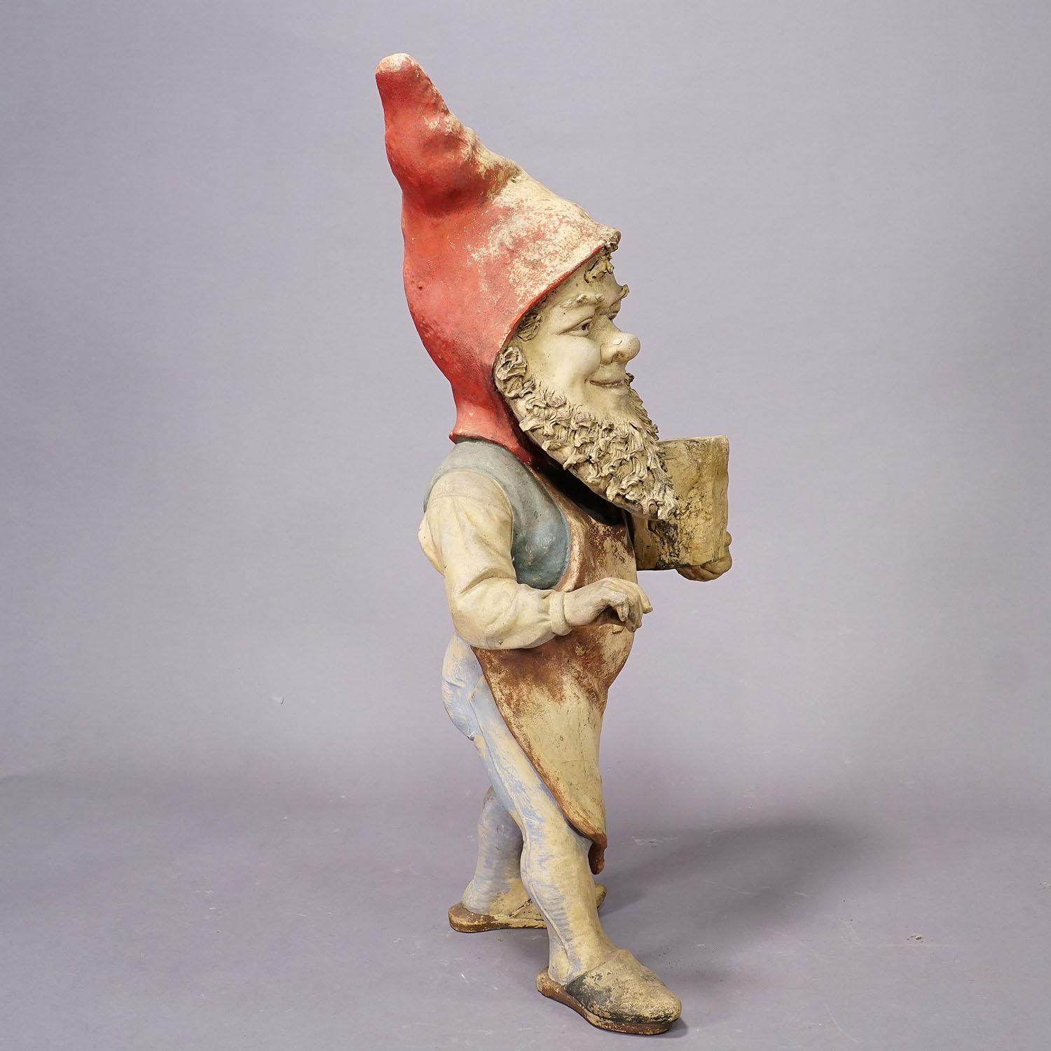 20th Century Large Terracotta Garden Gnome with Flower Pot, Germany ca. 1920s For Sale