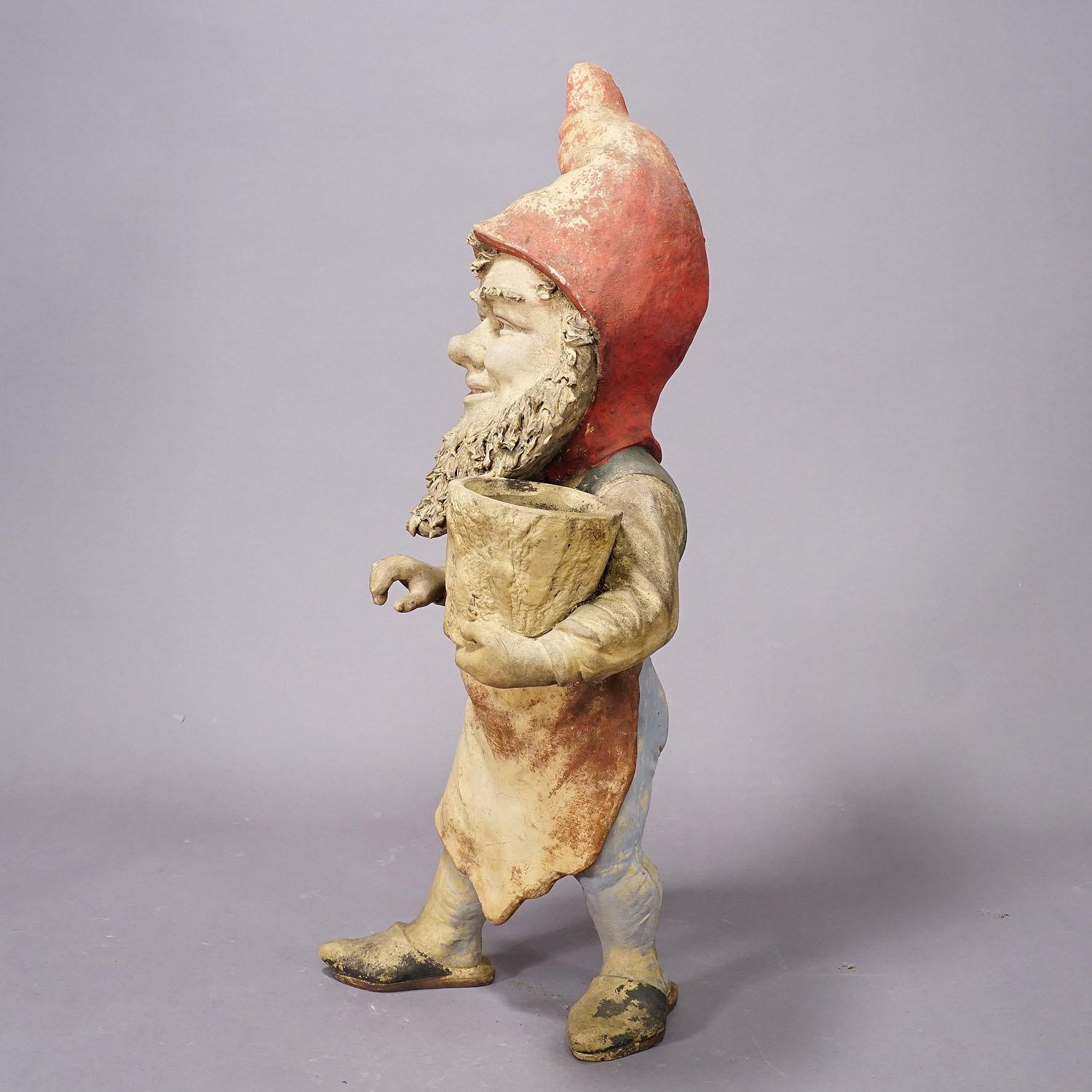 Large Terracotta Garden Gnome with Flower Pot, Germany ca. 1920s For Sale 1
