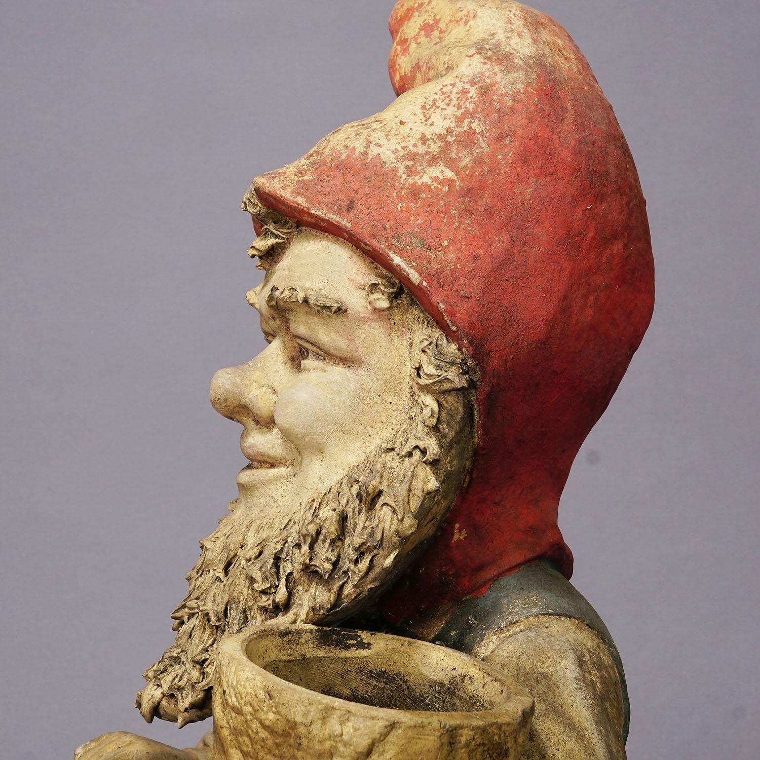 Large Terracotta Garden Gnome with Flower Pot, Germany ca. 1920s For Sale 2