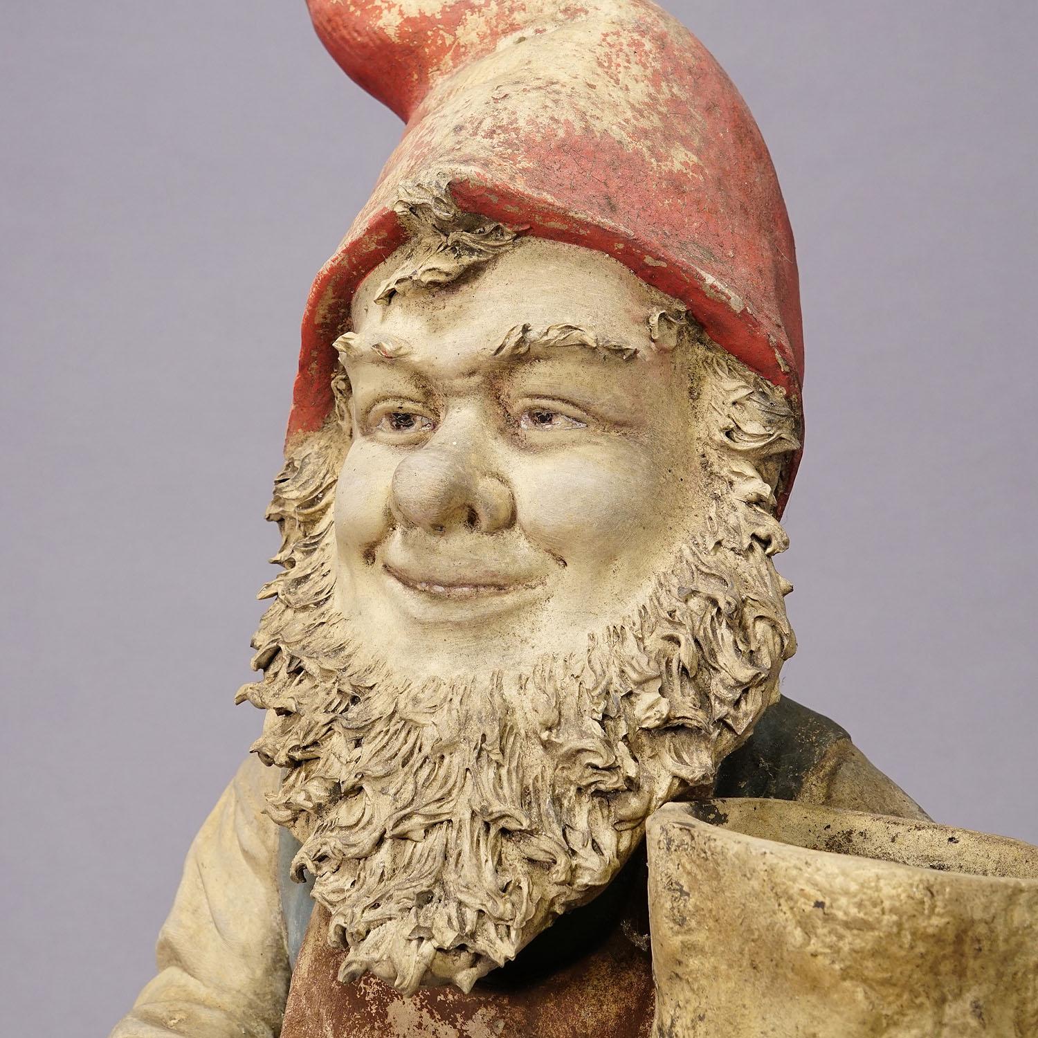 Large Terracotta Garden Gnome with Flower Pot, Germany ca. 1920s For Sale 3