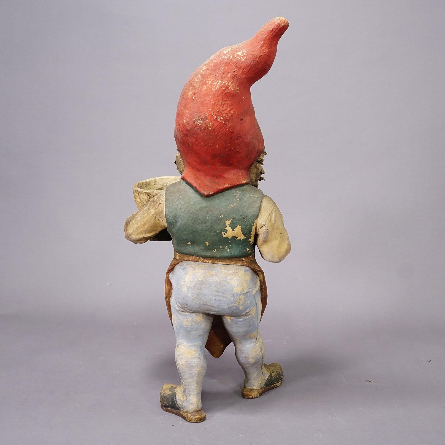 Large Terracotta Garden Gnome with Flower Pot, Germany ca. 1920s For Sale 4