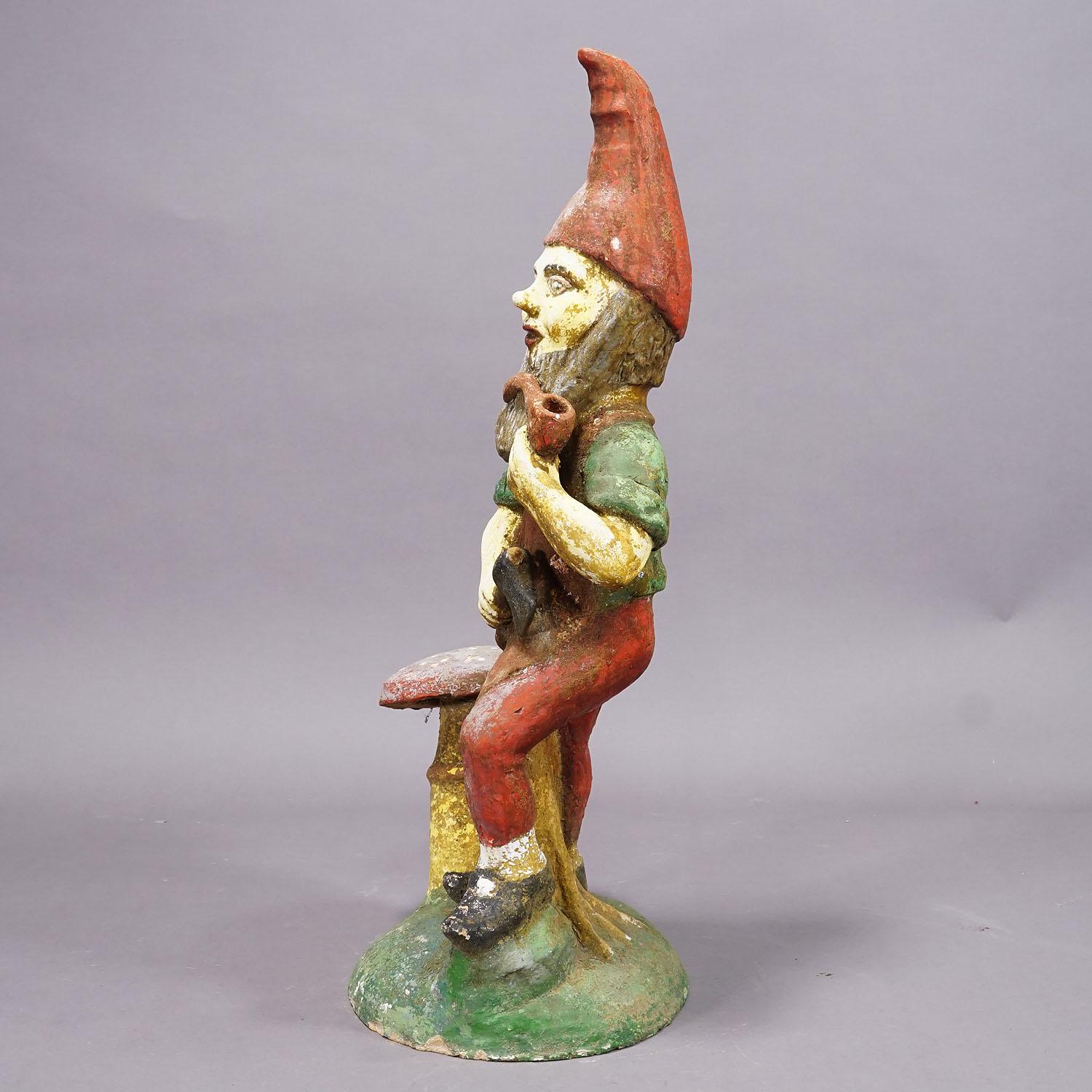 Large Terracotta Garden Gnome with Toadstool, Germany ca. 1920s In Good Condition For Sale In Berghuelen, DE