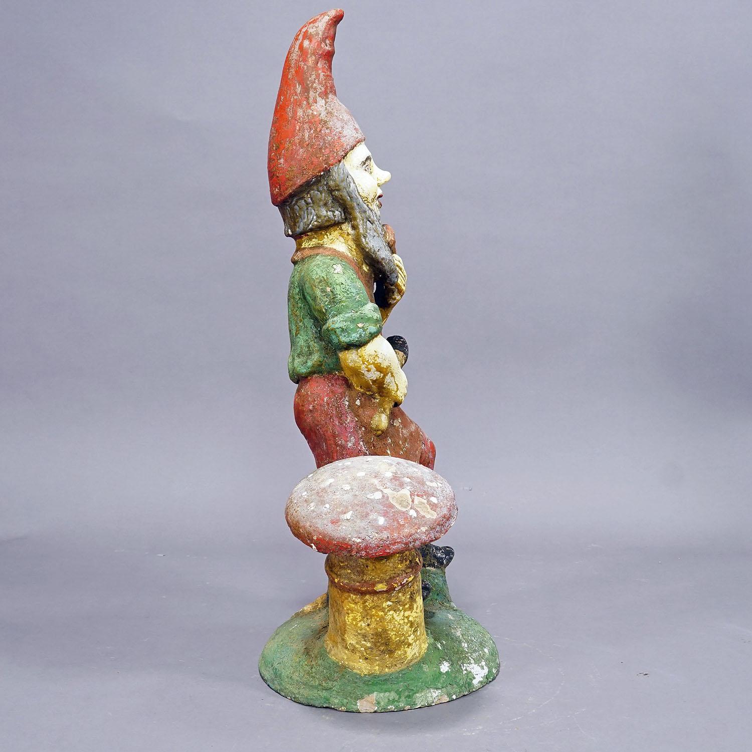 20th Century Large Terracotta Garden Gnome with Toadstool, Germany ca. 1920s For Sale