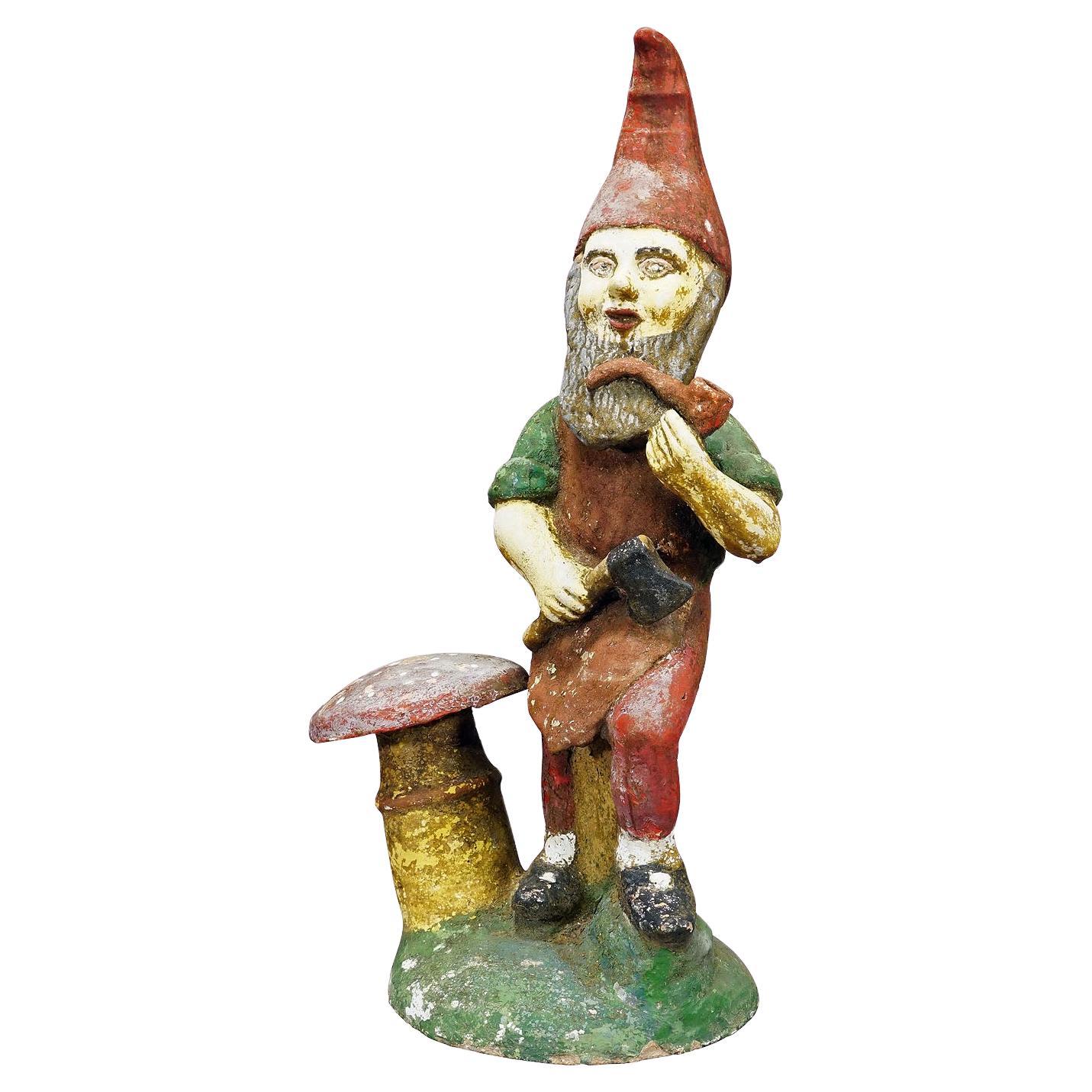 Grand Gnome de jardin en terre cuite avec tabouret à perles, Allemagne, vers 1920 en vente