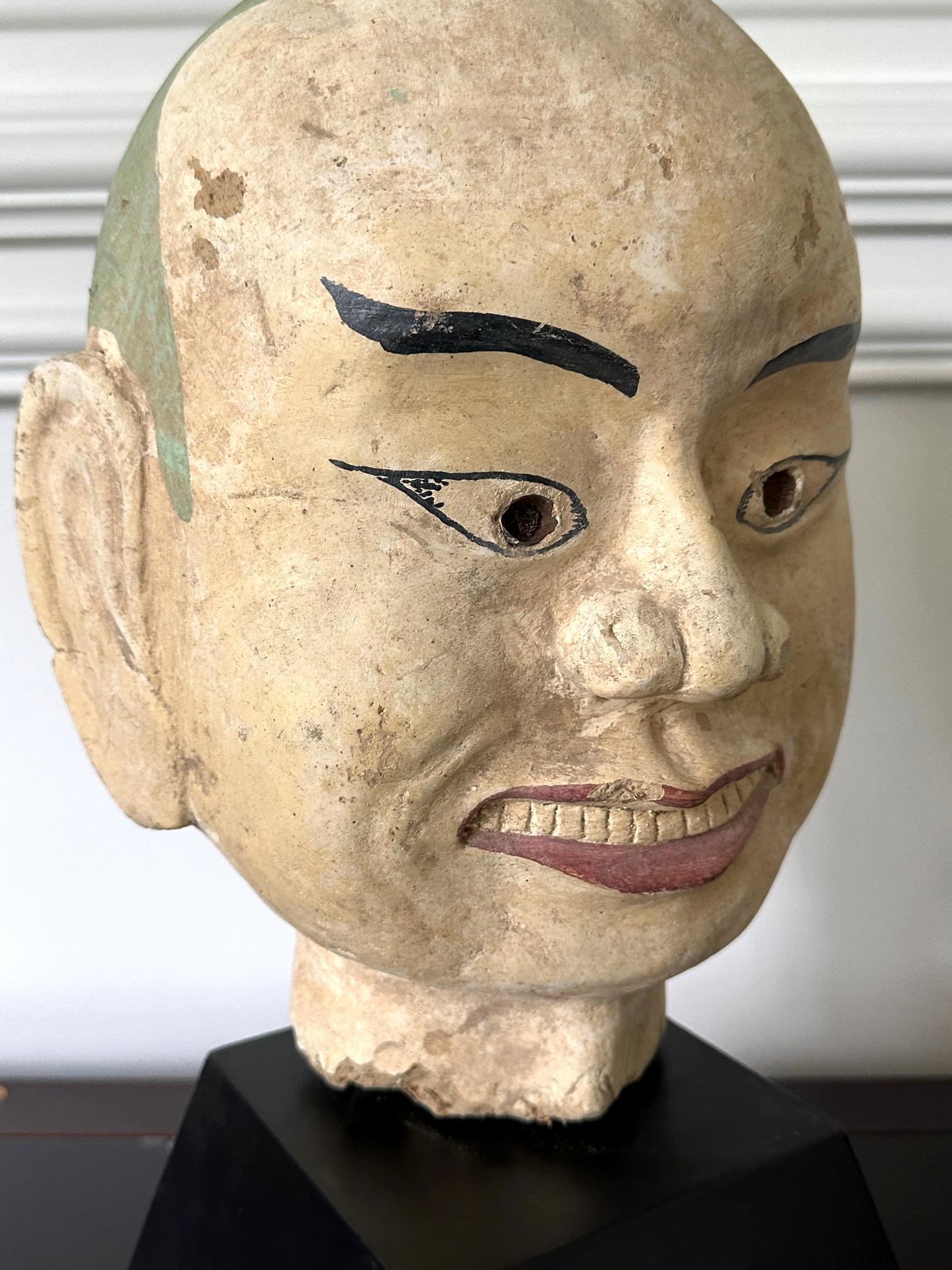 Large Terracotta Head of Luohan on Wood Stand from Vietnam For Sale 4