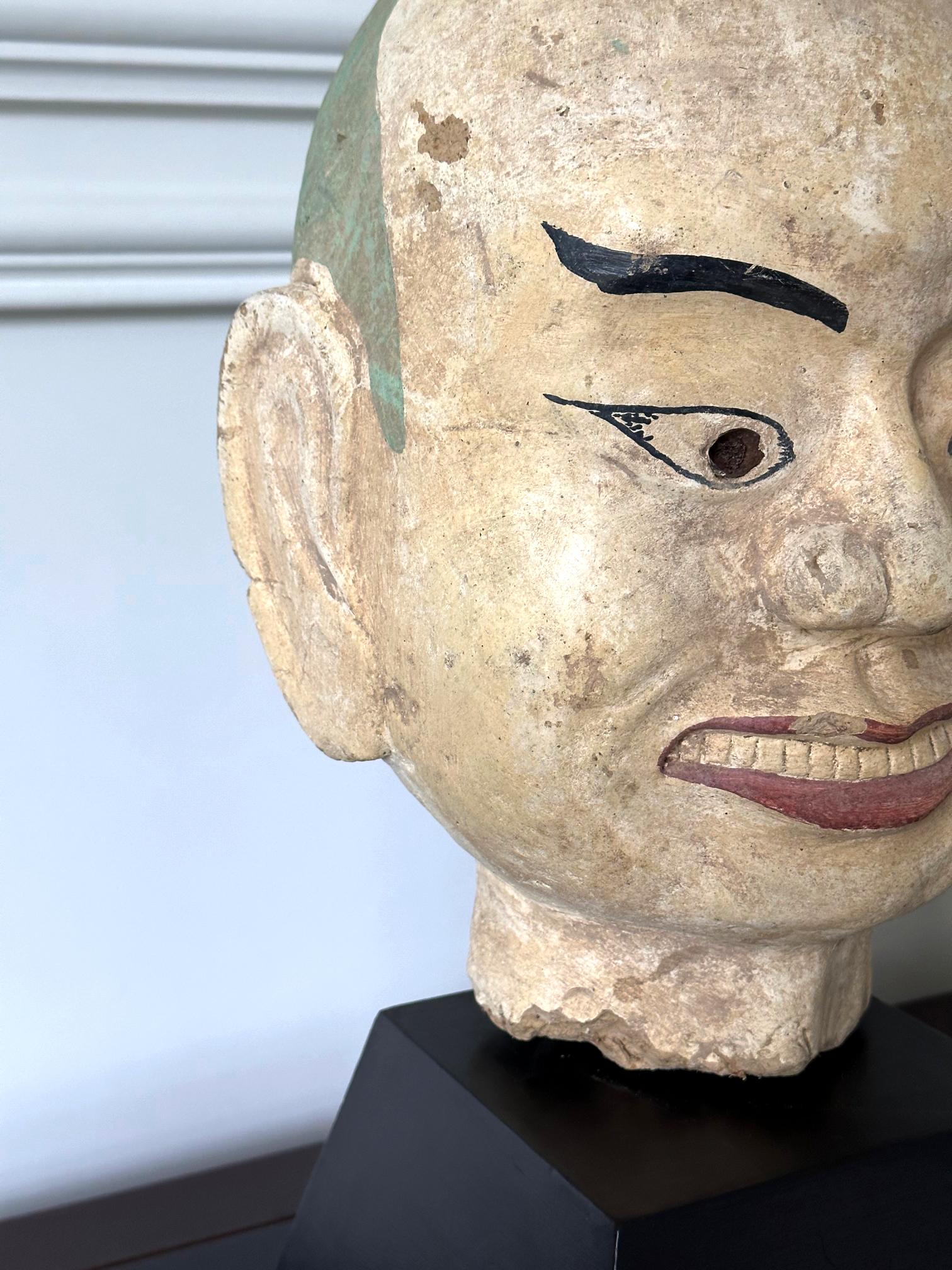 Large Terracotta Head of Luohan on Wood Stand from Vietnam For Sale 5