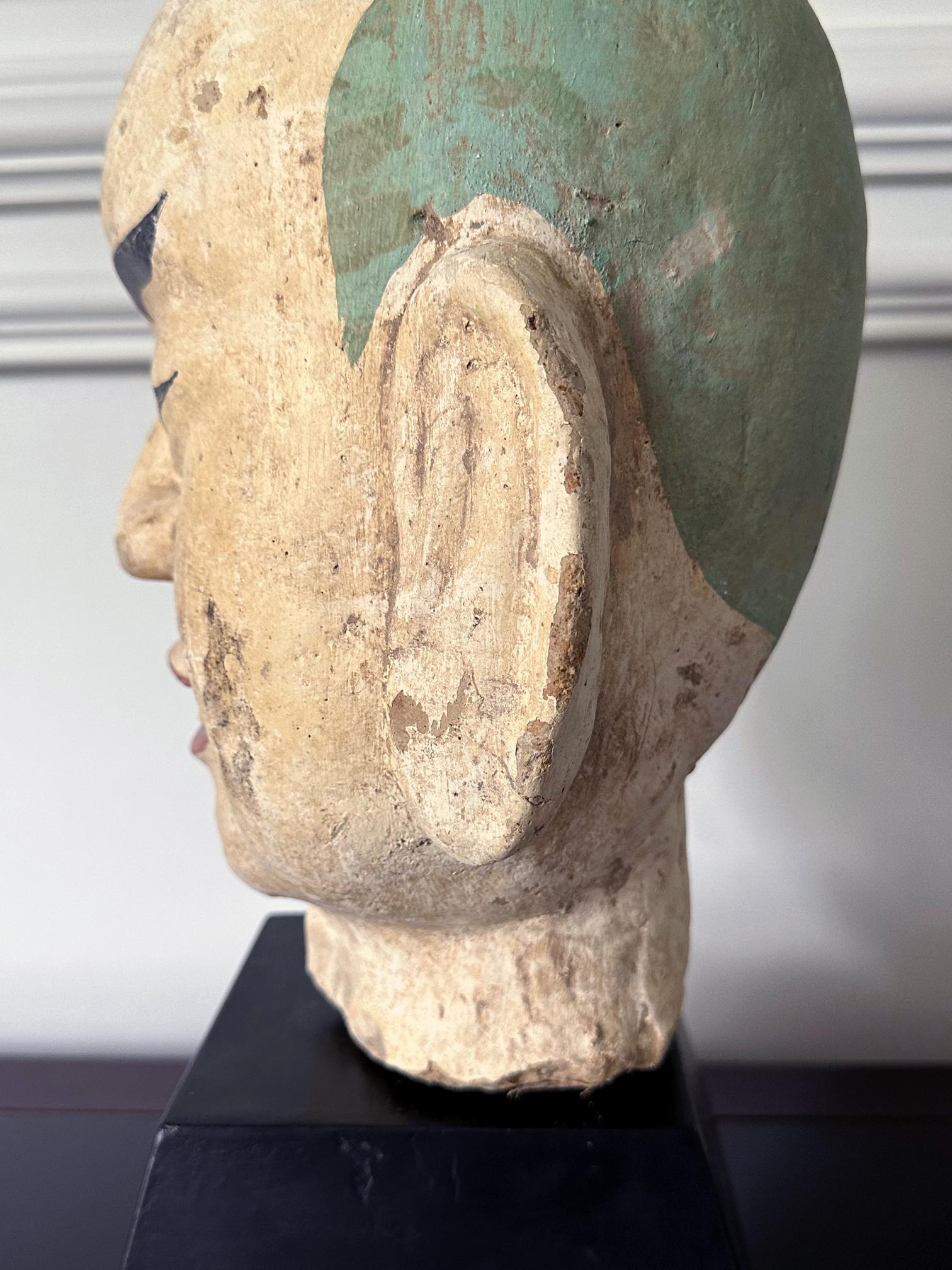 Large Terracotta Head of Luohan on Wood Stand from Vietnam For Sale 7