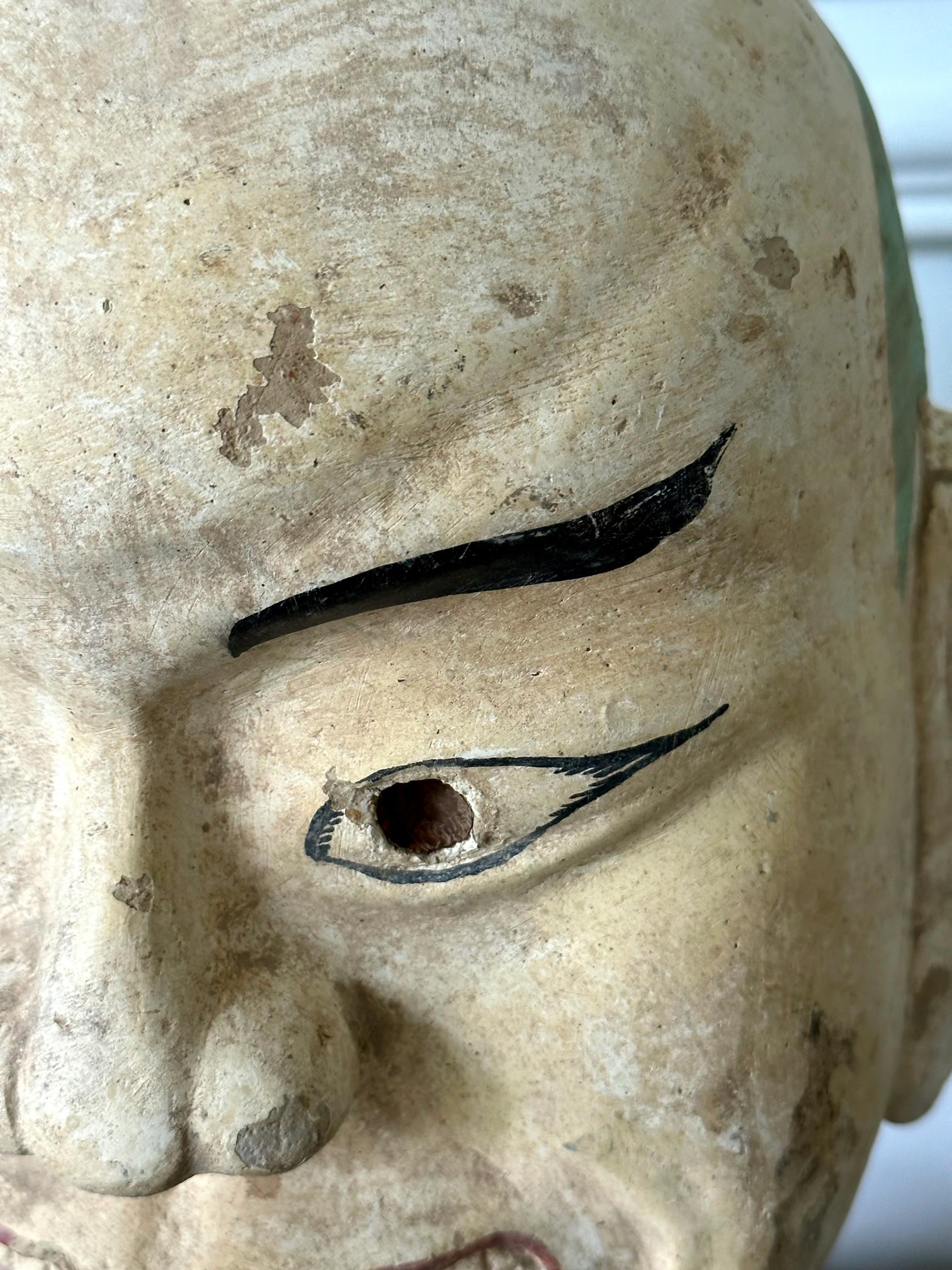 Large Terracotta Head of Luohan on Wood Stand from Vietnam For Sale 11